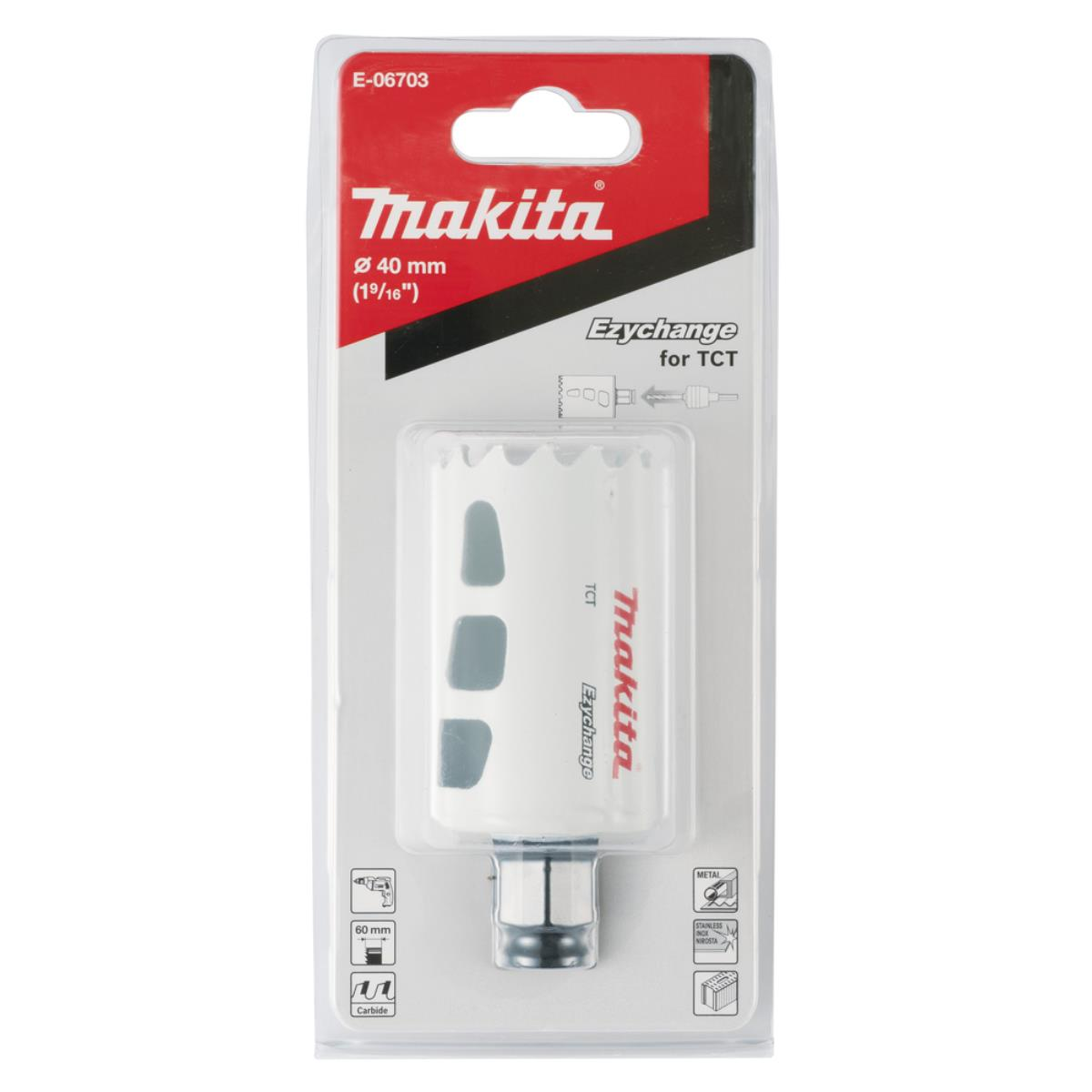 Eine Makita Lochsäge in der Verpackung. Die Säge ist weiß und hat graue Elemente.