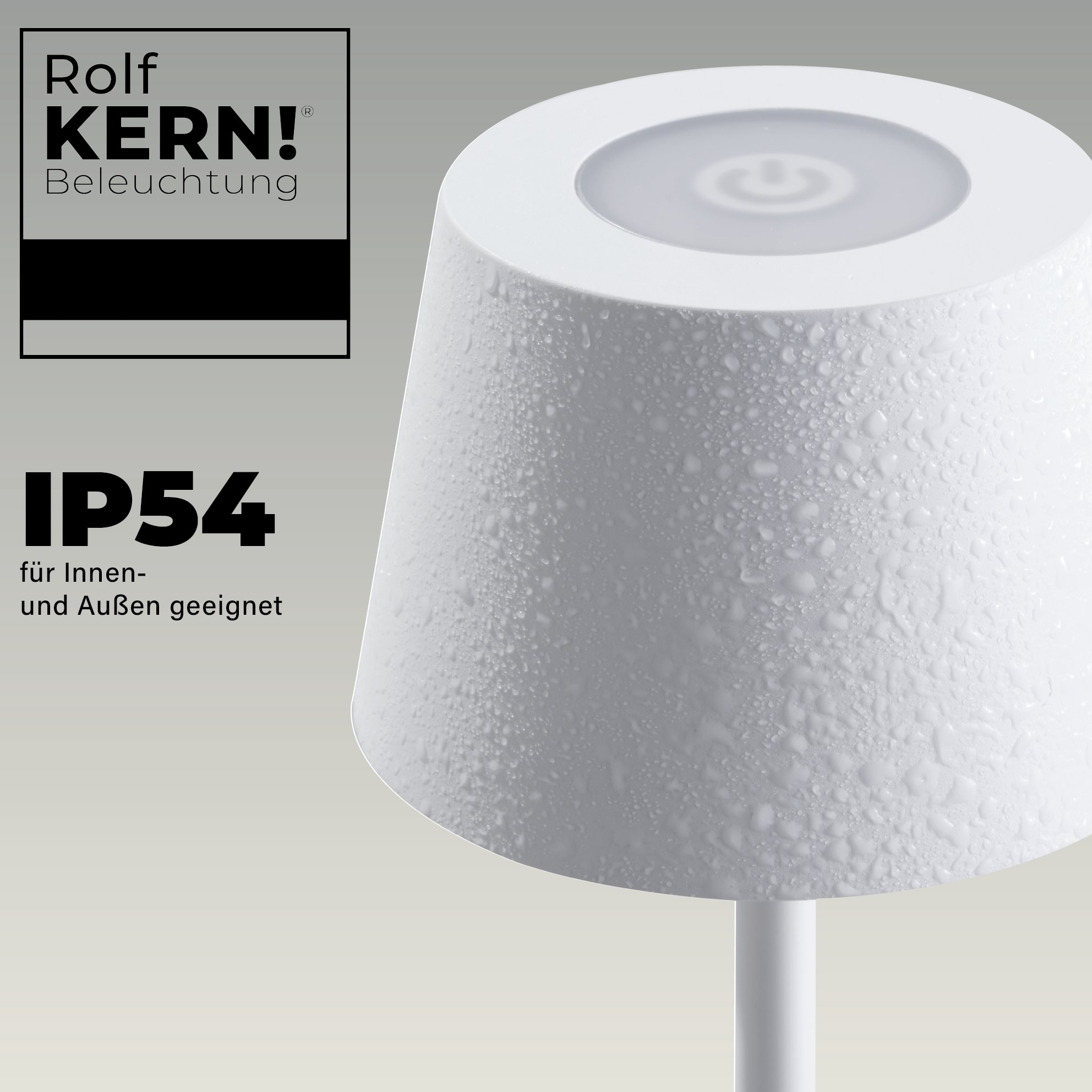 Eine weiße Lampe mit Wassertropfen. Das Logo befindet sich oben links. Die Lampe ist für drinnen/draußen geeignet.