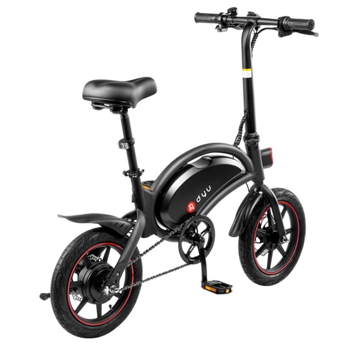 Czarno-czerwony rower elektryczny z czerwonymi elementami na kołach i ramie.