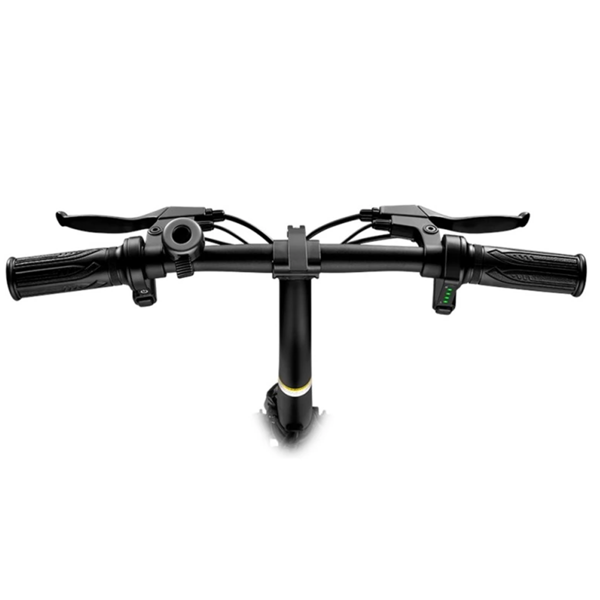 Czarna kierownica z dźwigniami i kontrolkami, widok z góry, na gładkim tle.