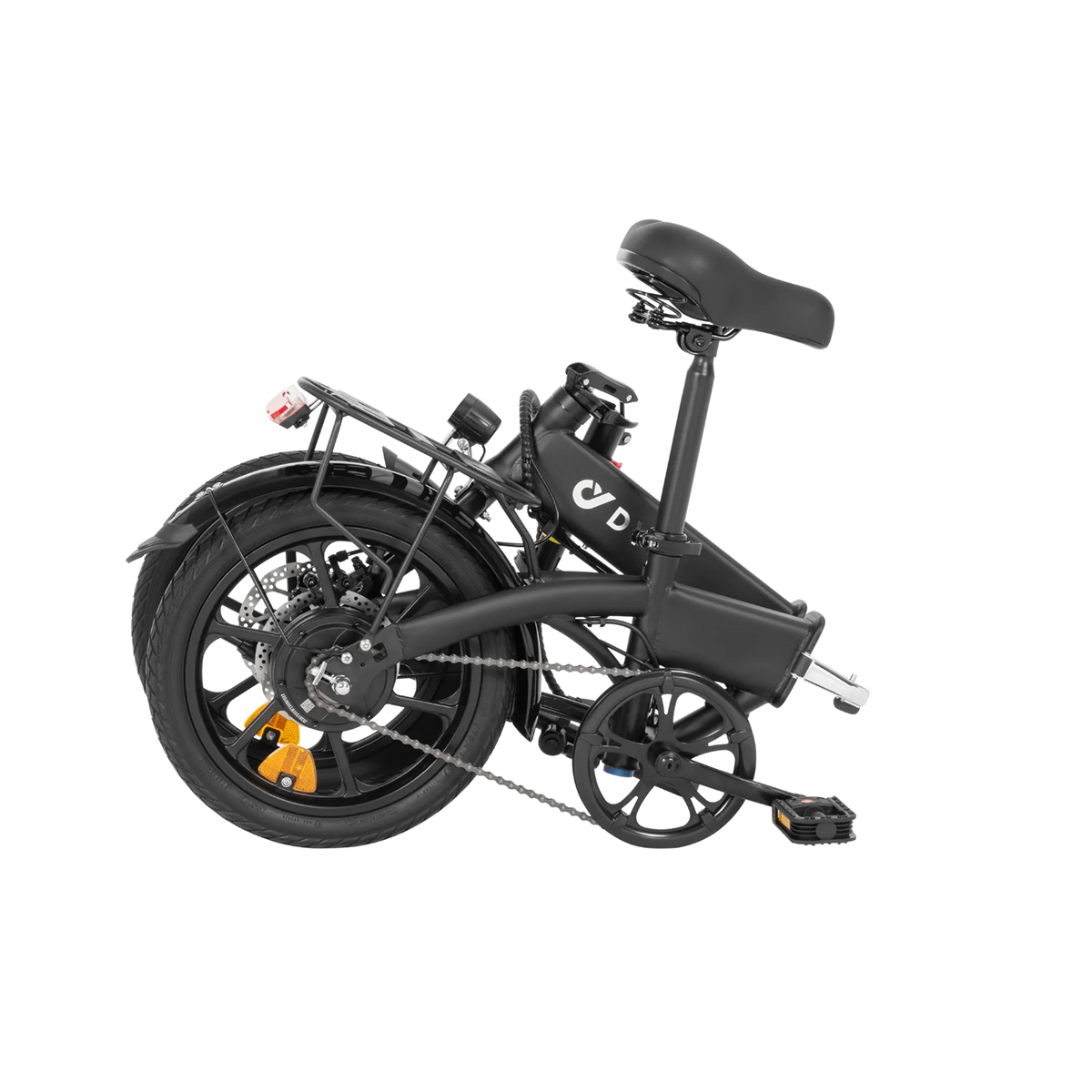 Czarno-biały składany rower elektryczny, złożony, widok z boku na białym tle.