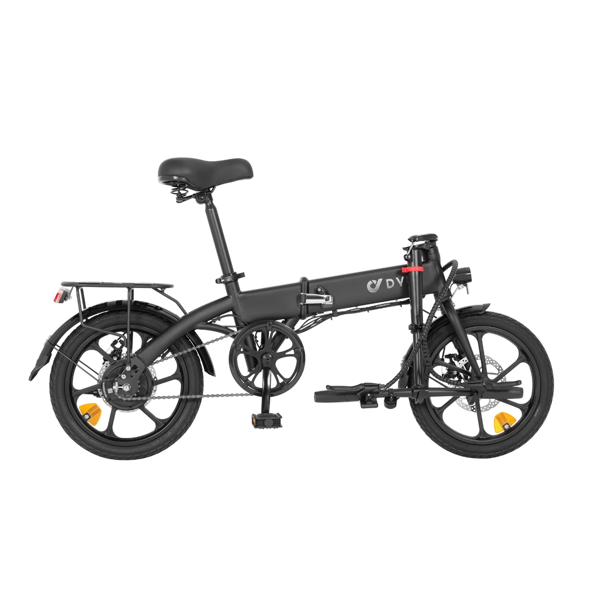 Czarny składany rower elektryczny, widok z boku, na białym tle.