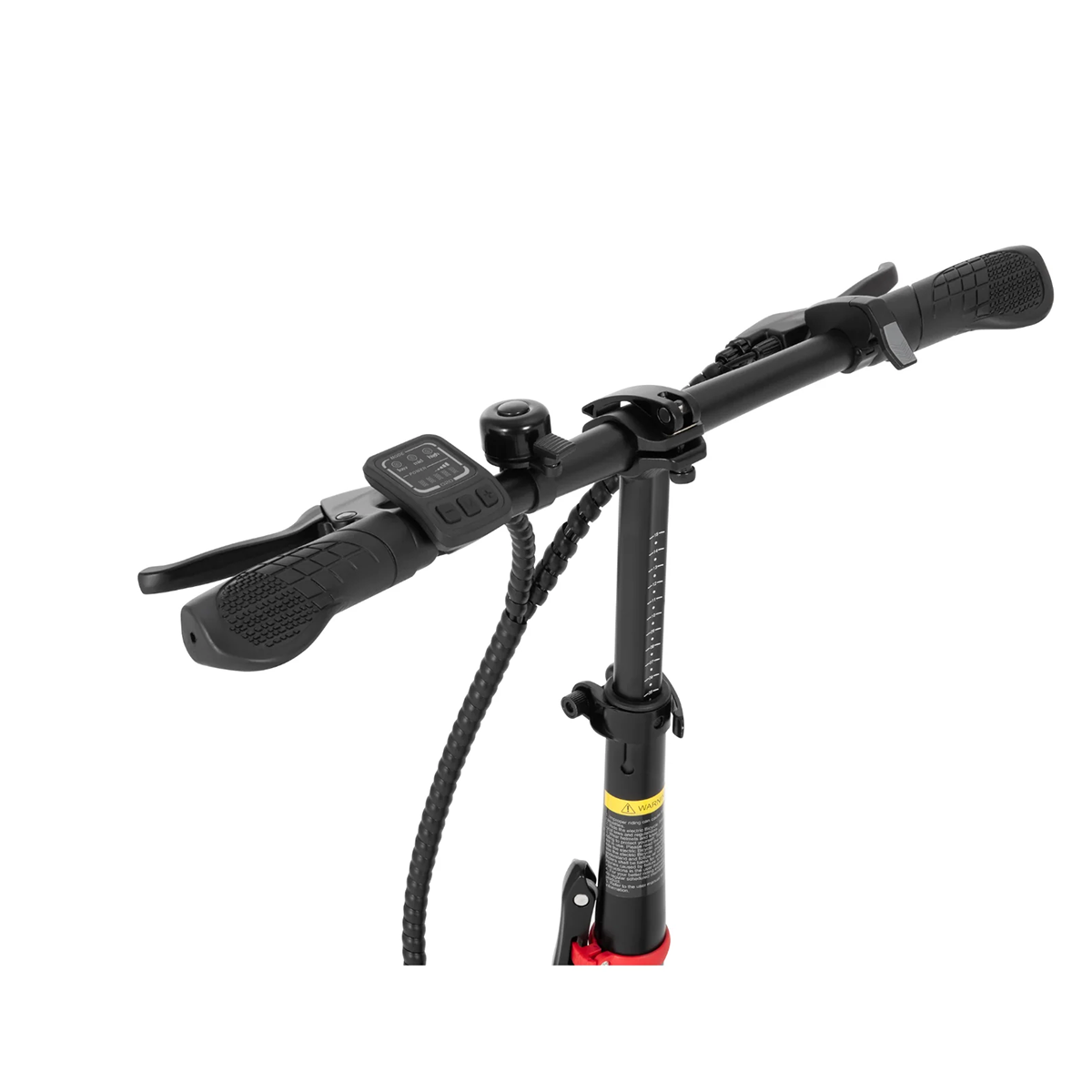 Kierownica skutera z kontrolkami, dzwonkiem i czarnym kablem spiralnym.