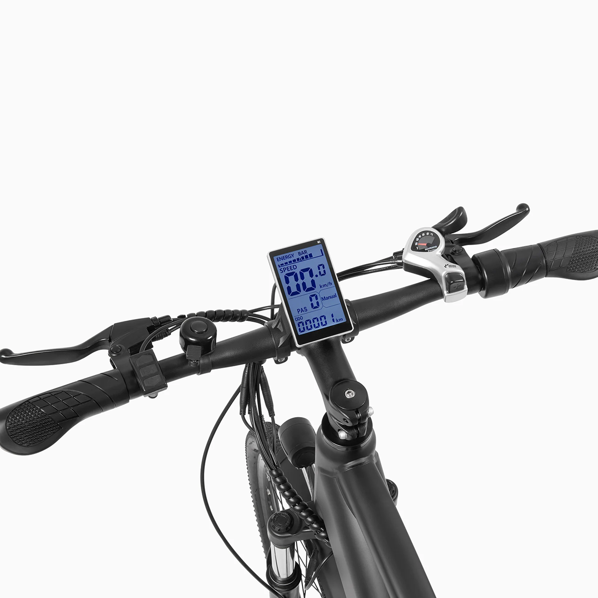 Kierownica roweru z wyświetlaczem pokazującym prędkość, dystans i poziom baterii.