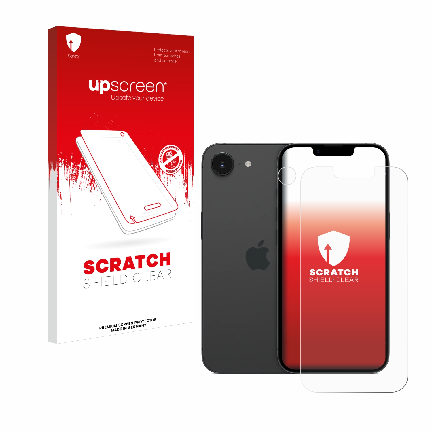 Ein schwarzes iPhone mit Displayschutz und eine Schachtel mit Displayschutzfolien.