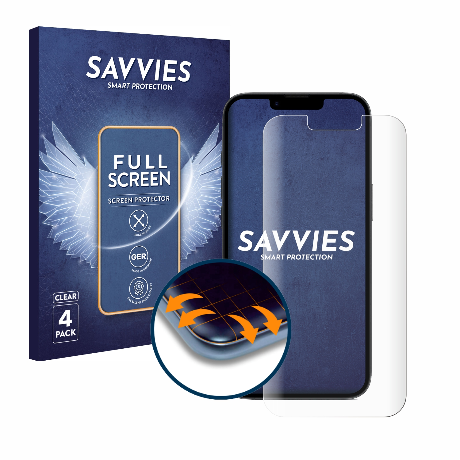Telefon mit Displayschutz, Box mit Flügel-Logo, transparente Schutzfolie. Weißer Hintergrund.