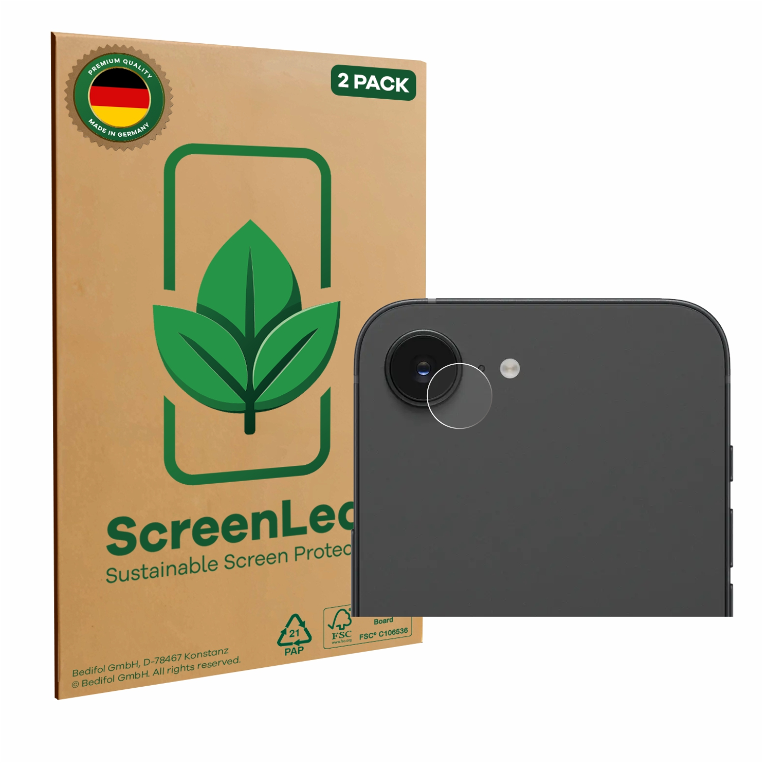 Ein Telefon mit einem Kameraschutz auf der Kamera und eine Box mit einem Displayschutz.