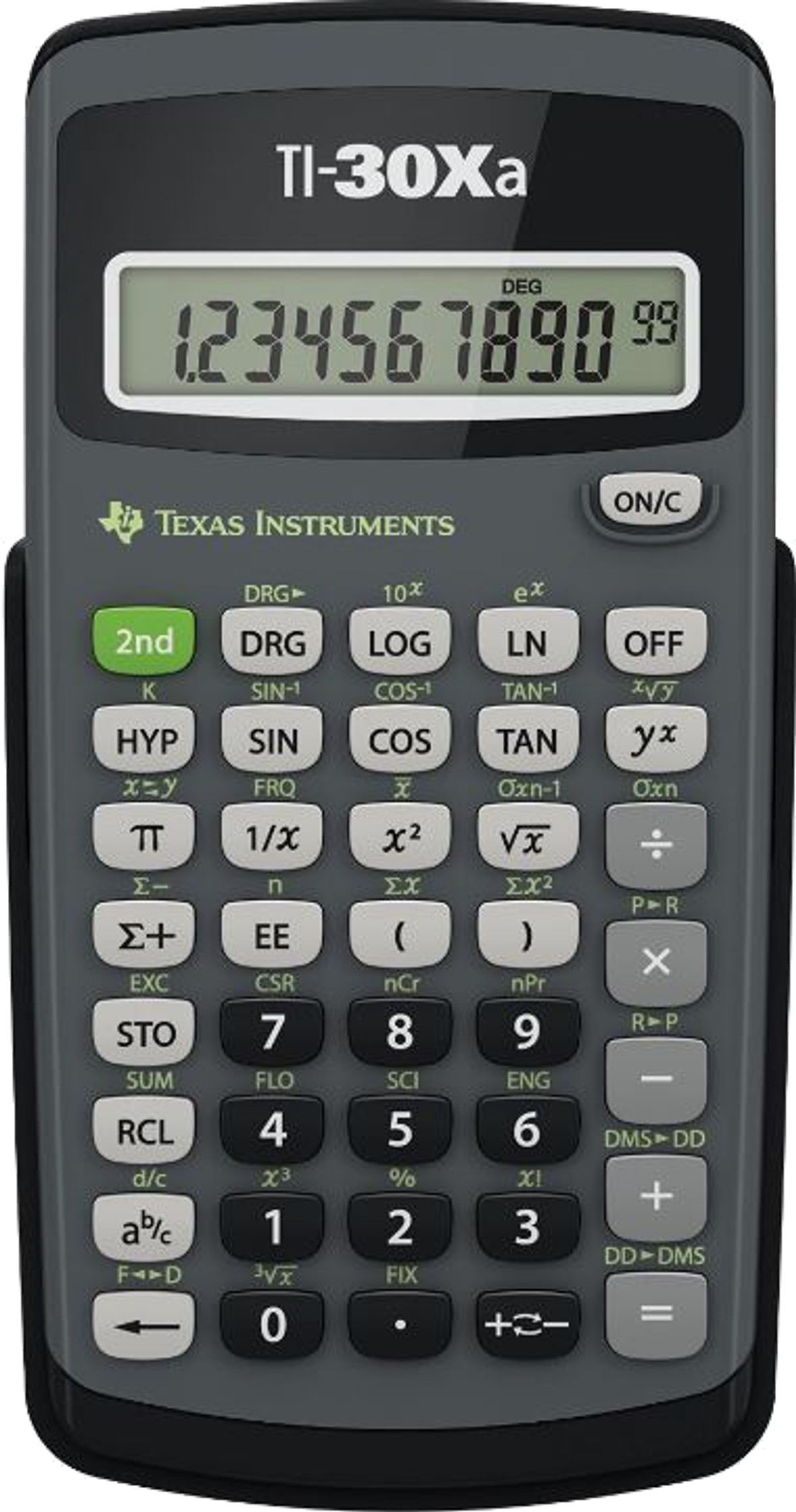 Kalkulator Texas Instruments TI-30Xa. Ma wiele przycisków i wyświetlacz z numerami. Czarno-szary.