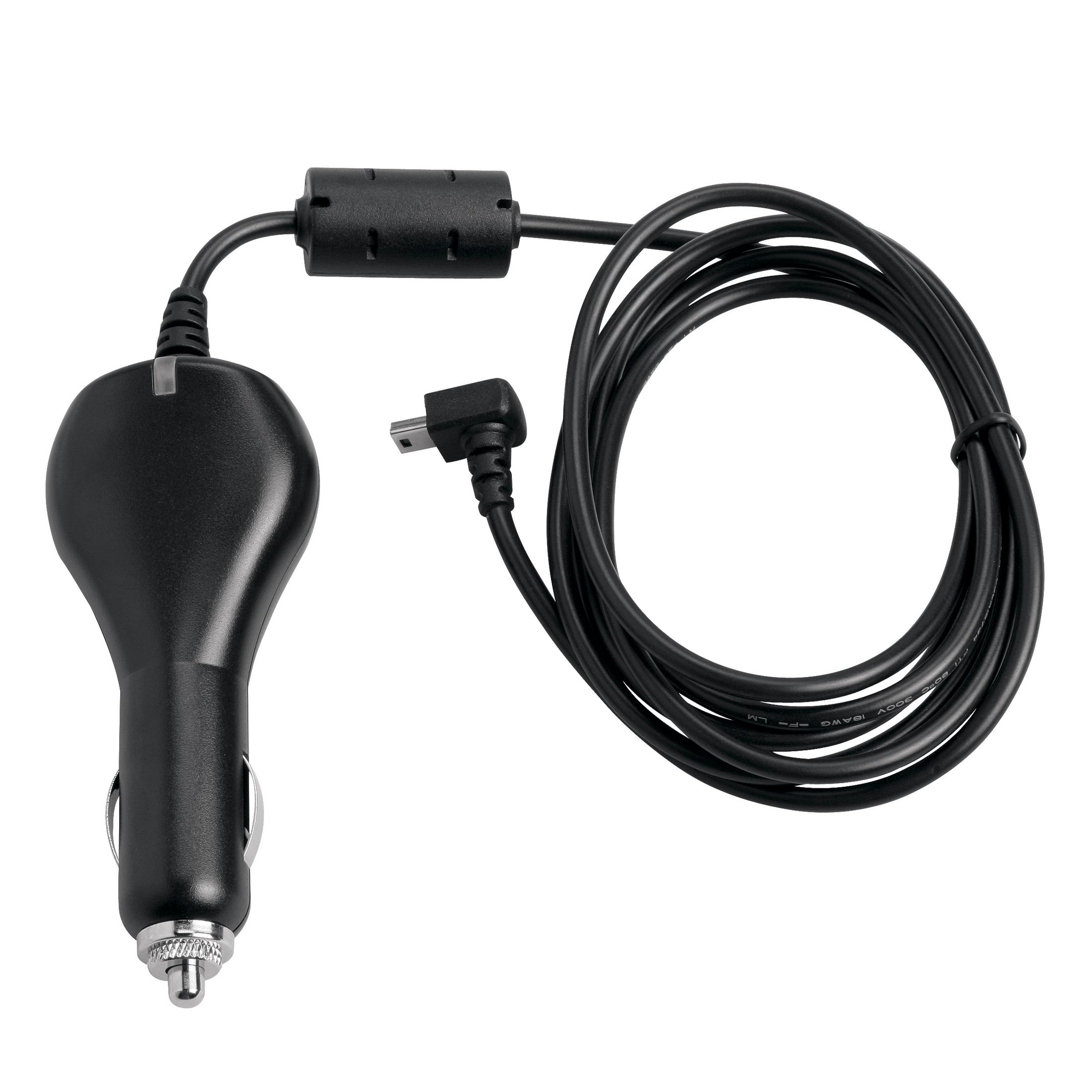 Ein schwarzes Autoladekabel mit USB-Anschluss, isoliert auf weißem Hintergrund.