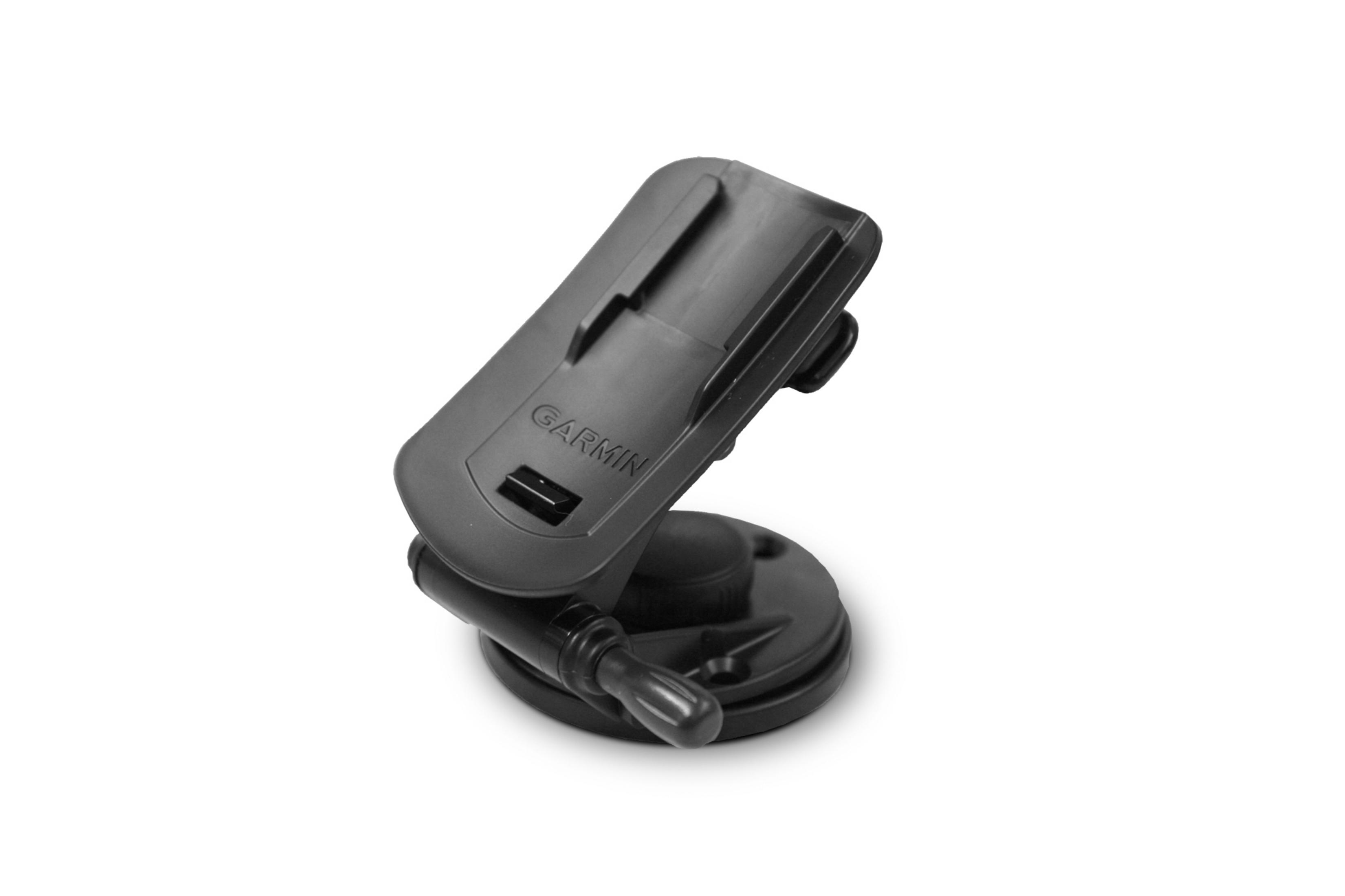 Schwarzer Garmin GPS-Halter auf weißem Hintergrund, angewinkelte Ansicht.