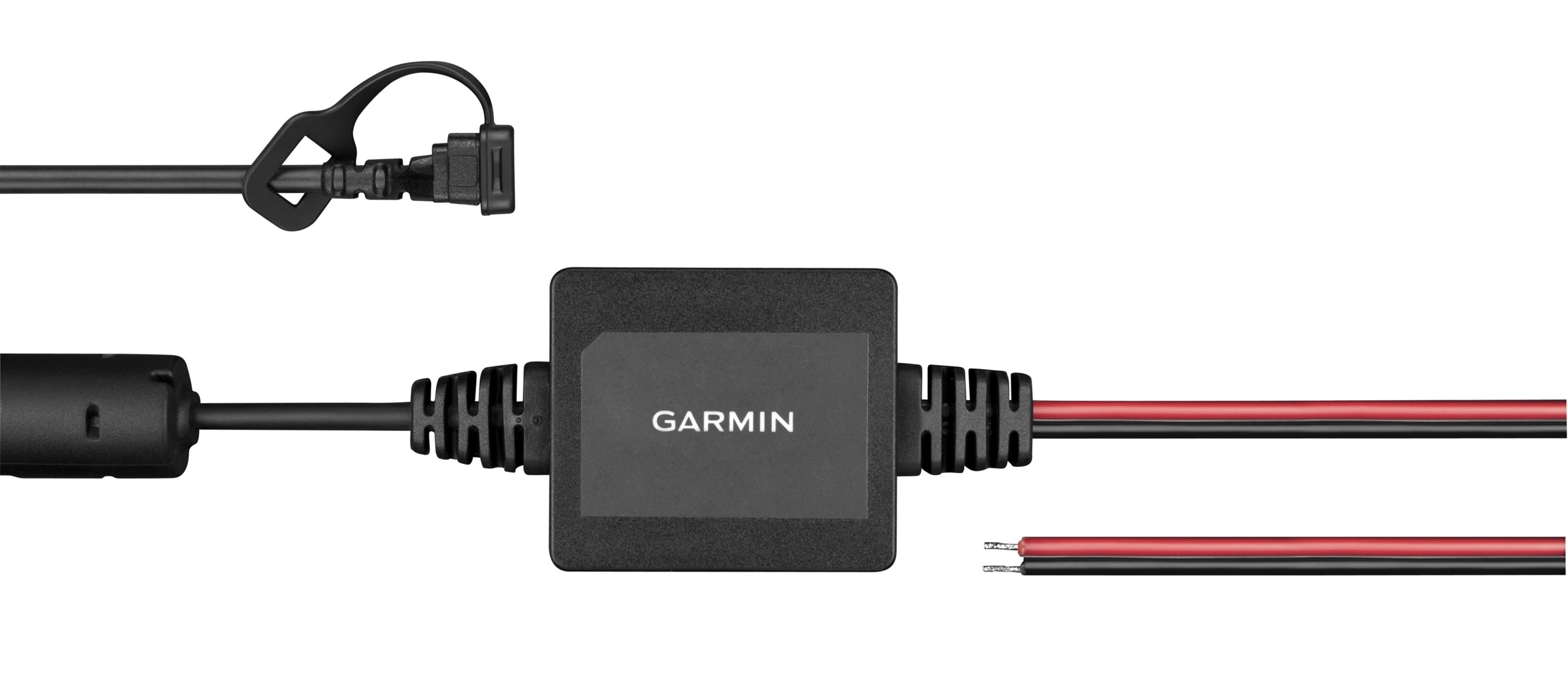 Ein Garmin-Kabel mit Garmin-Logo und Drähten mit roter und schwarzer Isolierung.