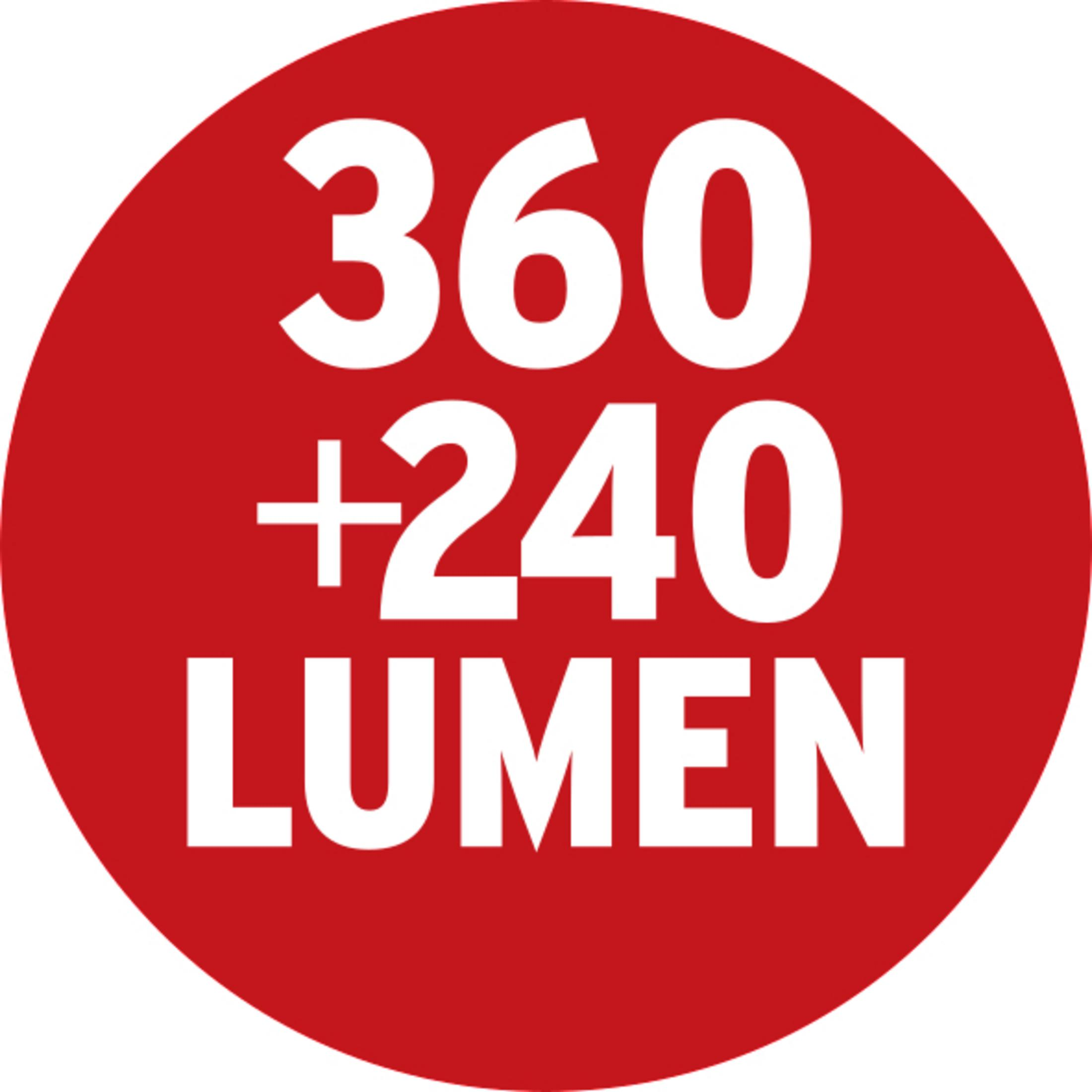 Czerwone koło z napisem '360 + 240 LUMEN' białymi literami. Jasny i odważny design.