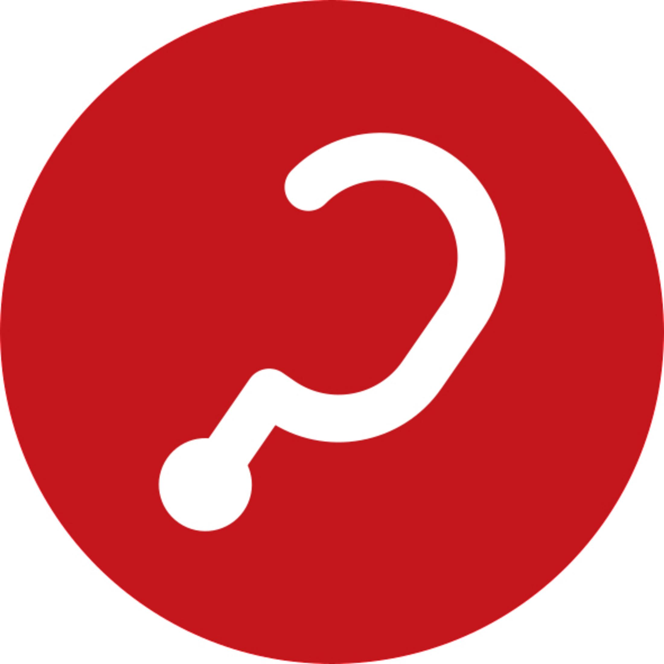 Czerwone koło z białym znakiem zapytania w środku, na białym tle.