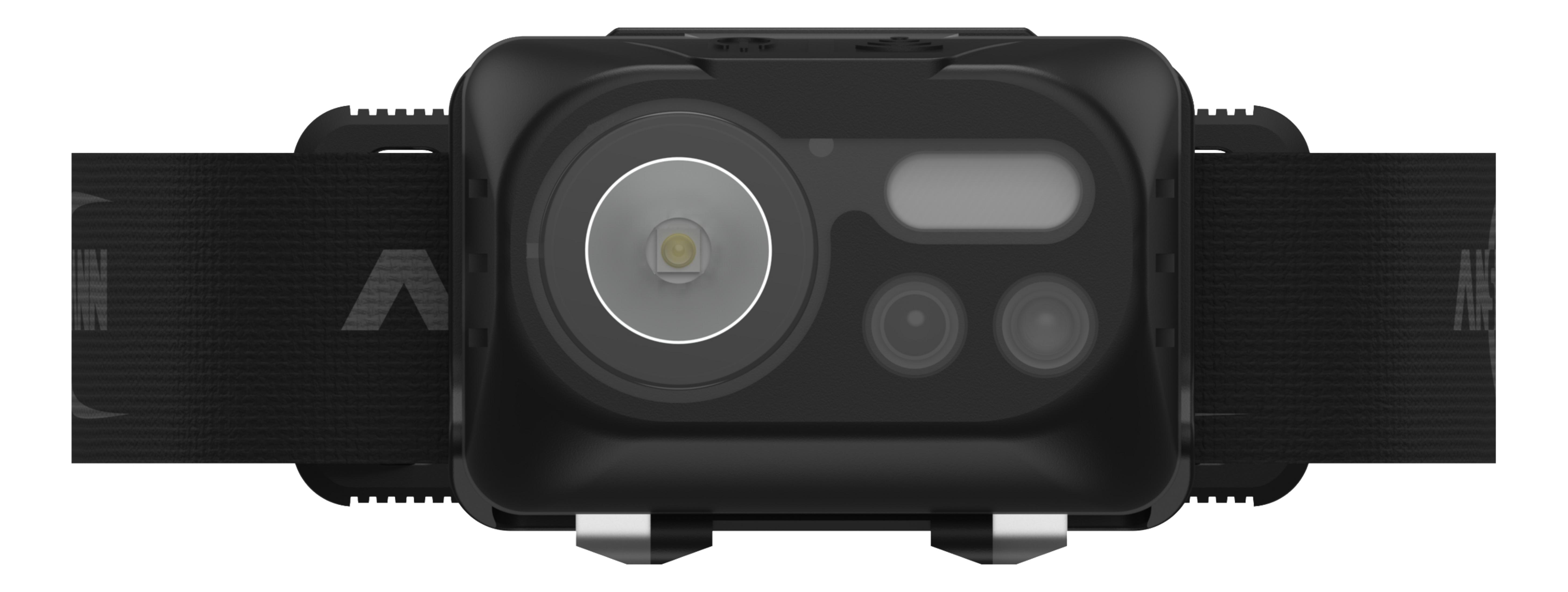 Czarna lampa czołowa ze światłem i czujnikami. Czarny pasek. Widok z góry.