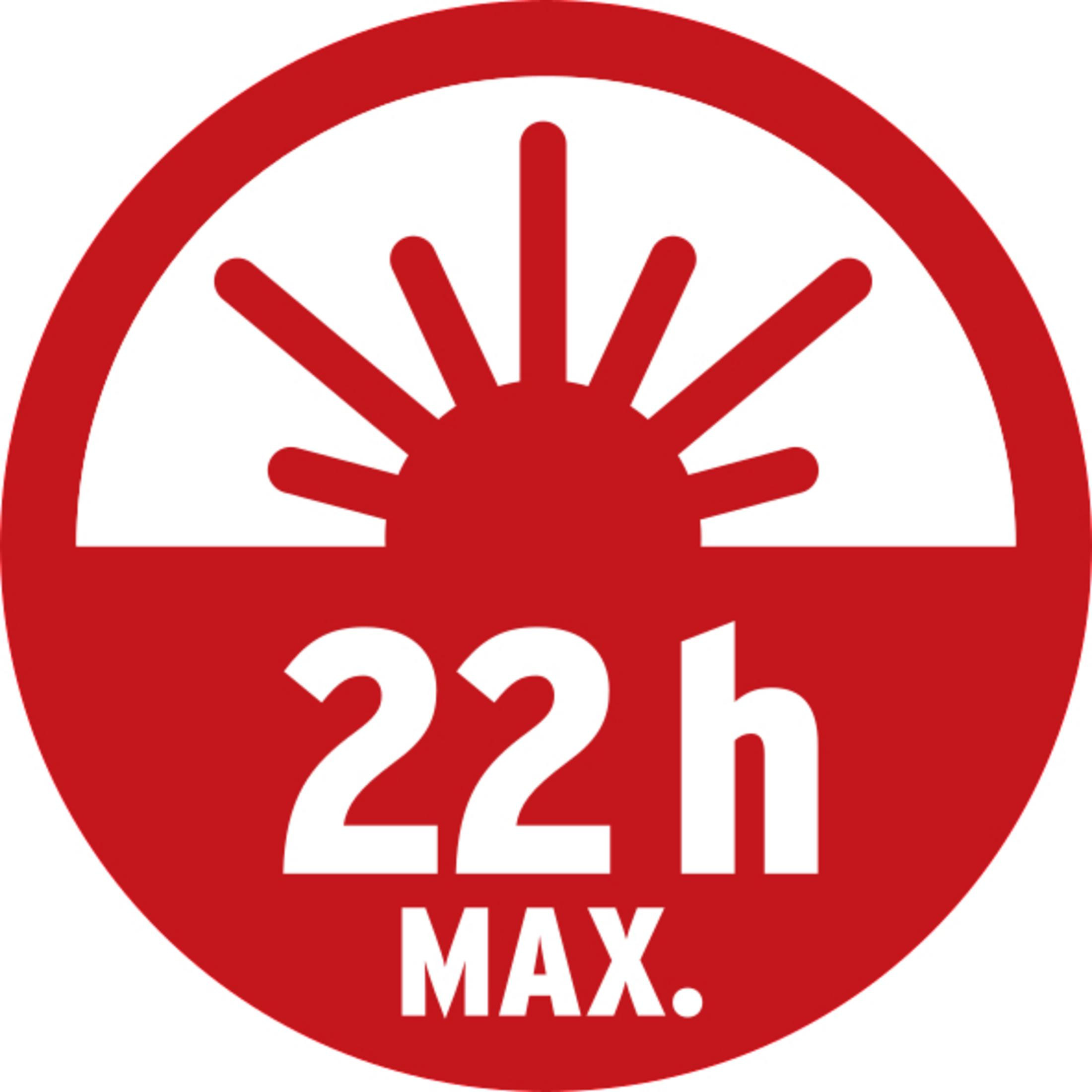 Rotes kreisförmiges Symbol. Liest '22h MAX.' mit einem Sonnenstrahl-Design.