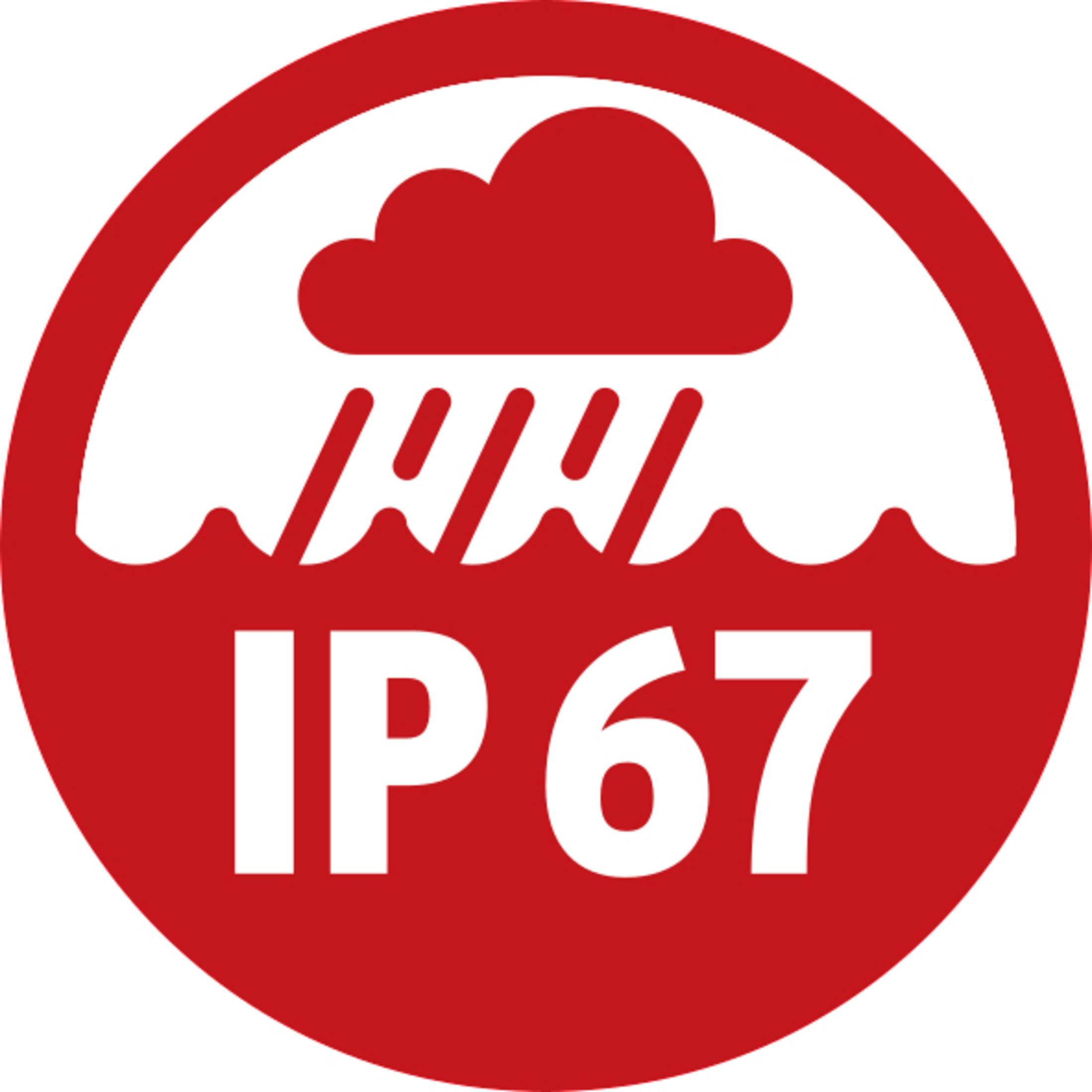 Roter Kreis mit IP67. Das Symbol enthält Regen und Wolken, was wasserdicht und staubdicht bedeutet.