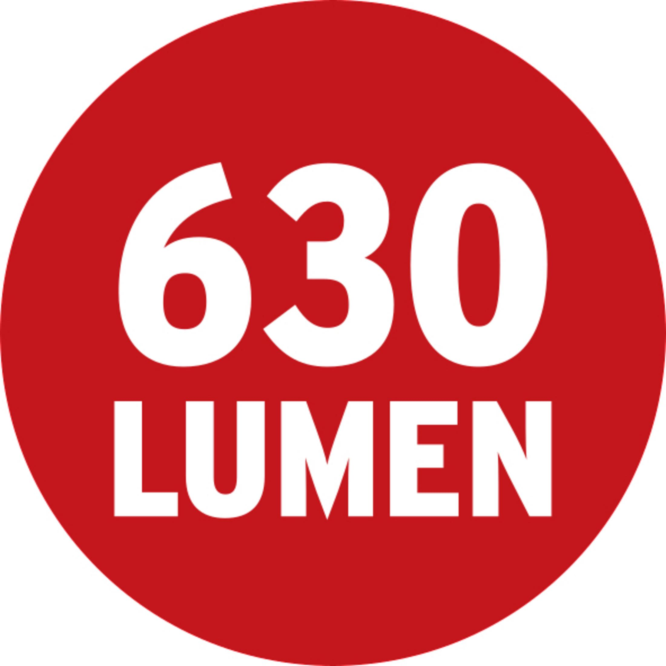 Ein roter Kreis mit weißem Text: 630 LUMEN.
