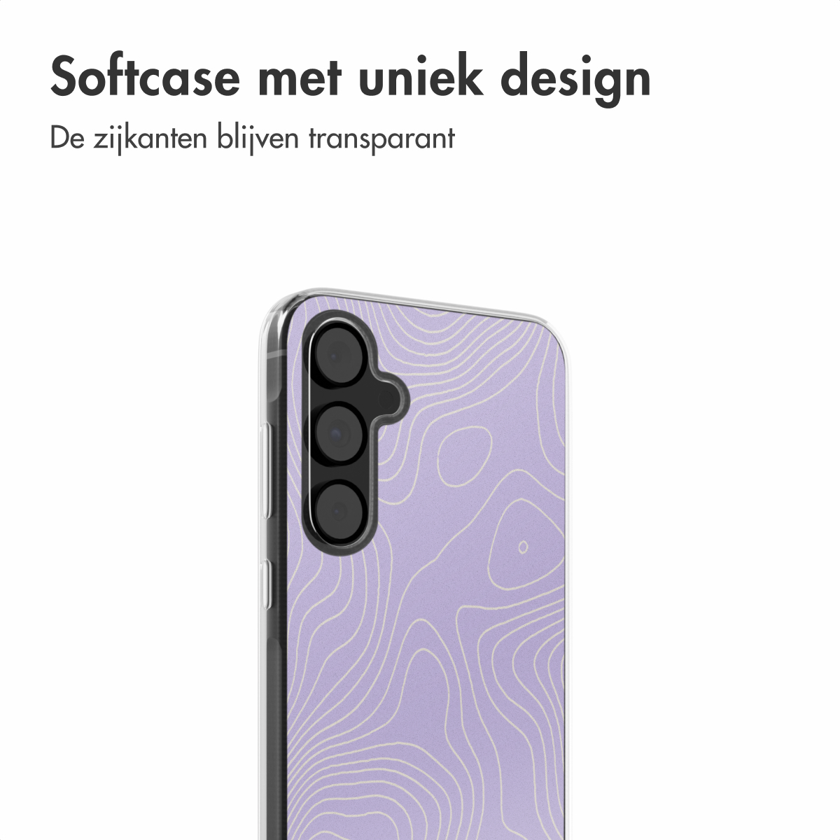 Een close-up van een telefoonhoesje met een paars, kaartachtig ontwerp. De zijkanten zijn transparant.