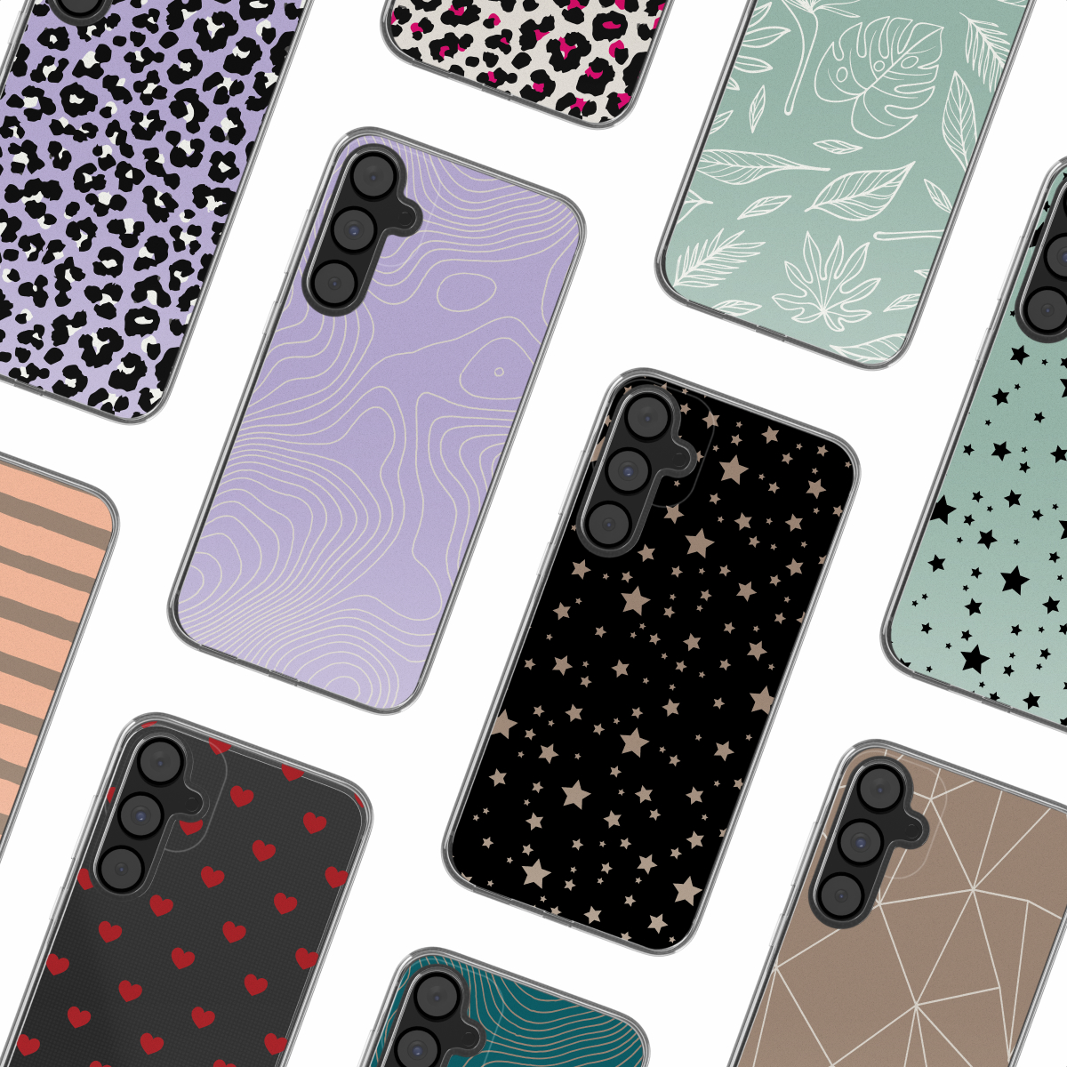 Verschillende telefoonhoesjes met diverse patronen: luipaardprint, harten, sterren en abstracte ontwerpen.
