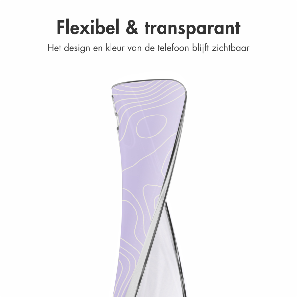 Transparante telefoonhoes met een paars ontwerp, om een telefoon gewikkeld. Het ontwerp is zichtbaar.