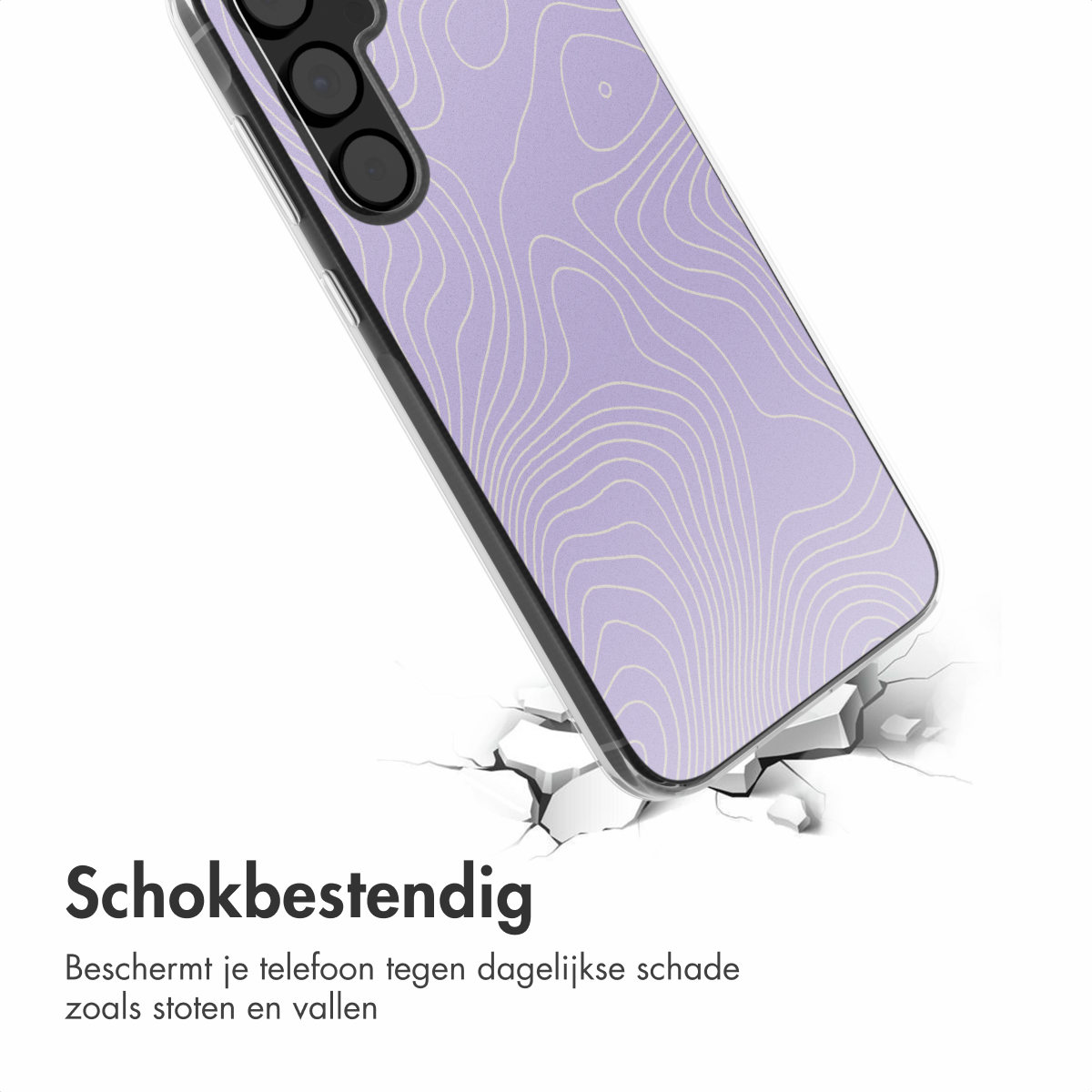 Een telefoon met een beschermhoesje; het hoesje wordt laten vallen, wat een impact simuleert.