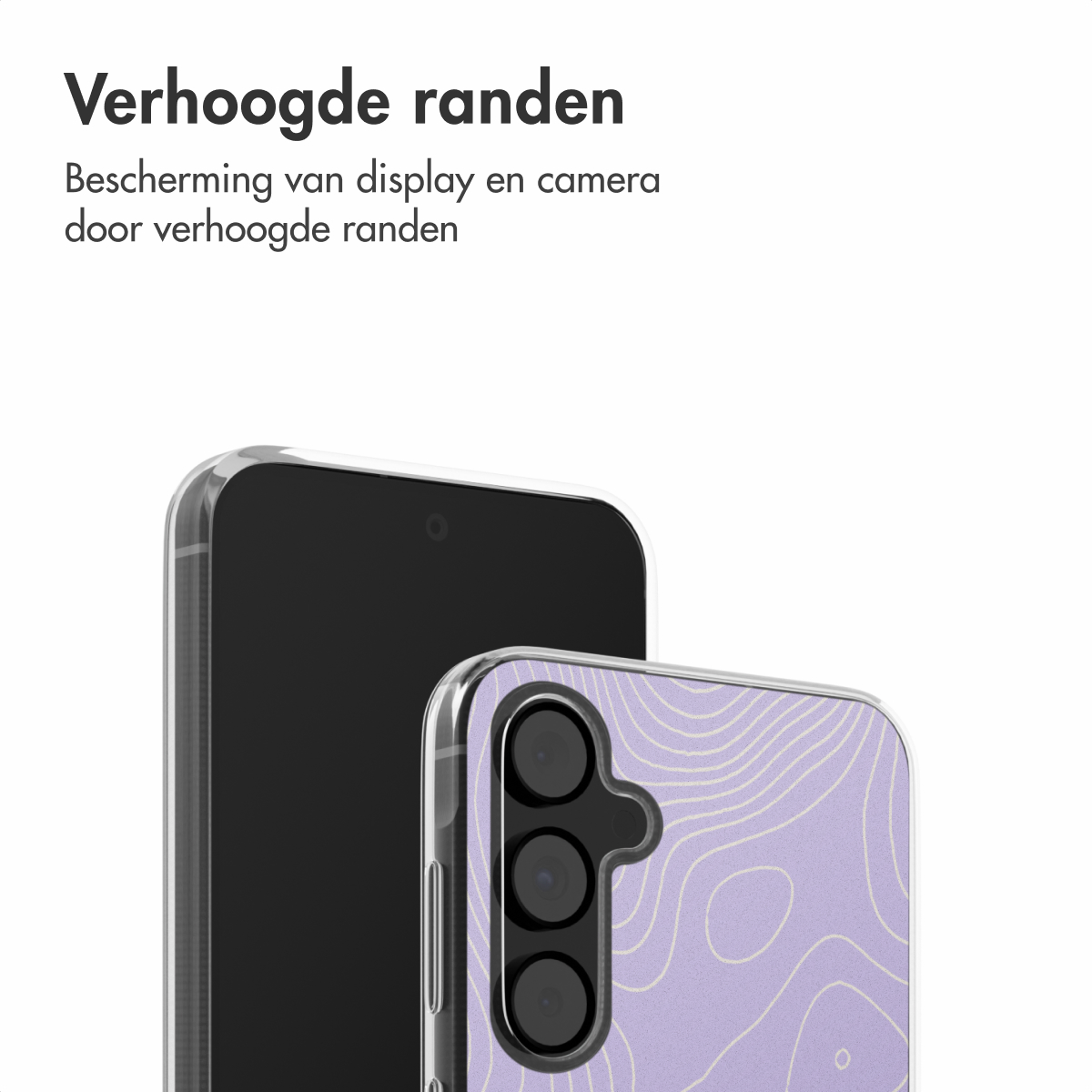 Twee telefoons in een hoesje, een zwarte en een met een paars patroon. De tekst bovenaan zegt: Verhoogde randen.
