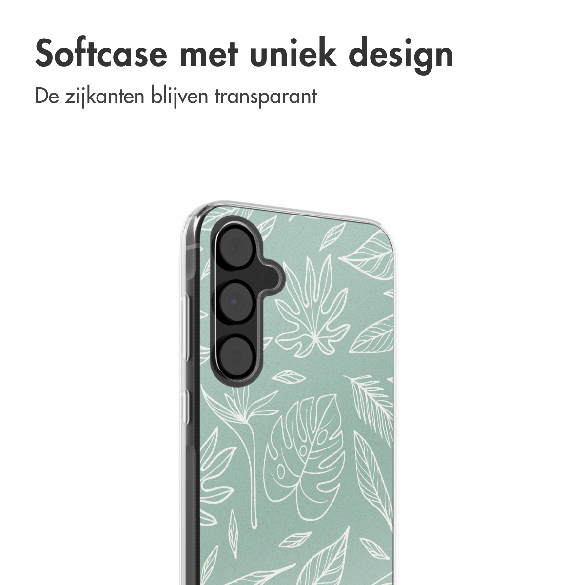 Telefoonhoesje met lichtgroene achtergrond, wit bladerenpatroon en zwarte cameralenzen.