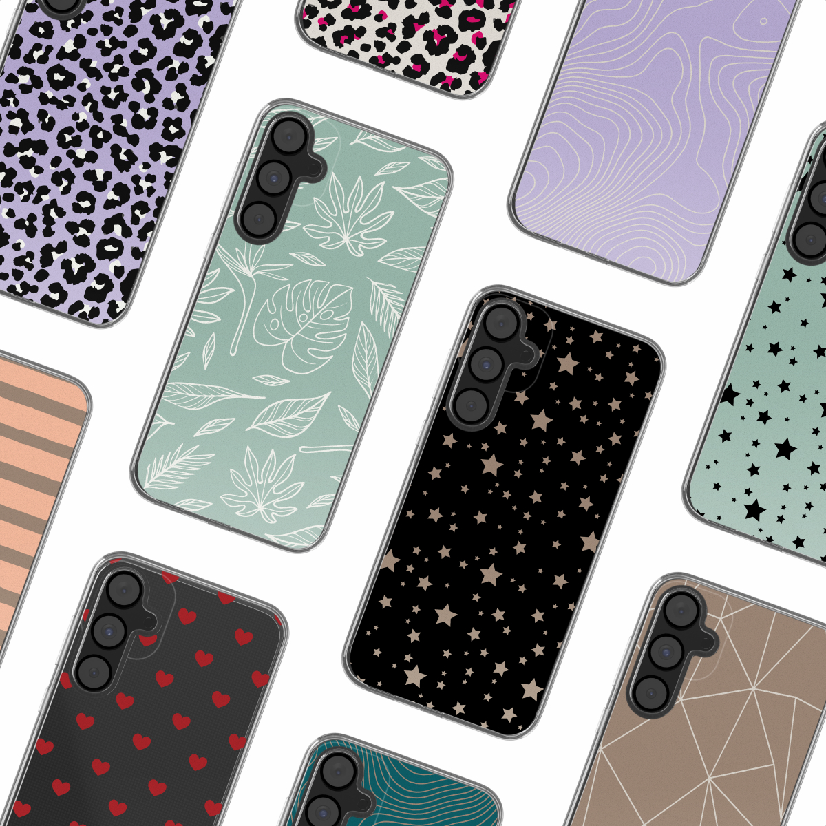 Een verzameling telefoonhoesjes met diverse patronen, waaronder luipaardprint, sterren, harten, bladeren en geometrische vormen. Ze staan op een witte achtergrond.