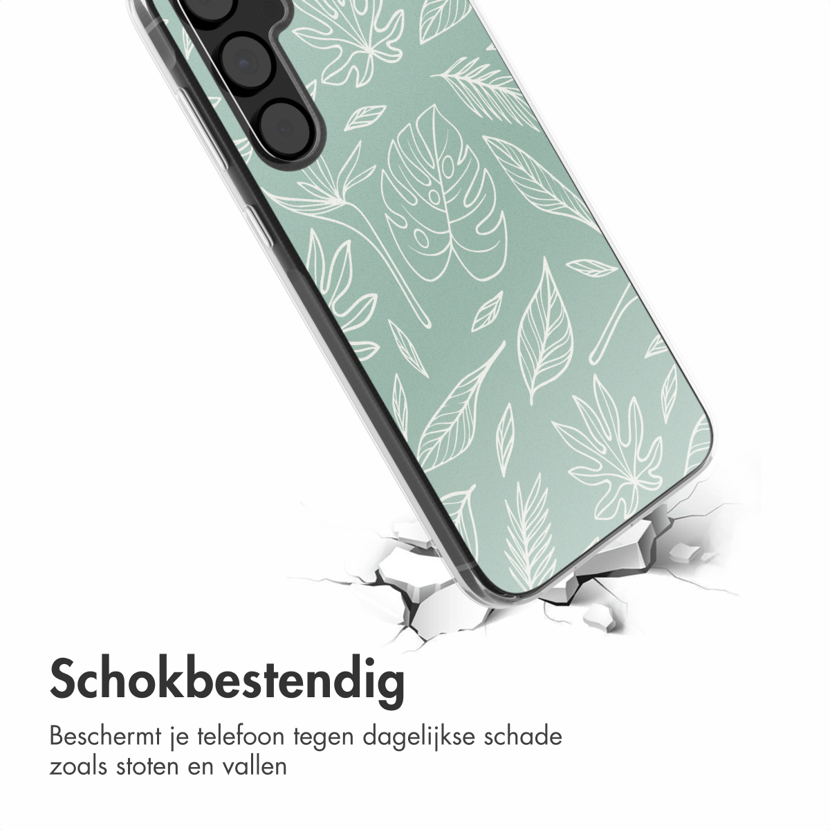 Telefoonhoesje met bladerpatroon, vallend. Gebarsten vloer, witte achtergrond. Tekst: Schokbestendig.