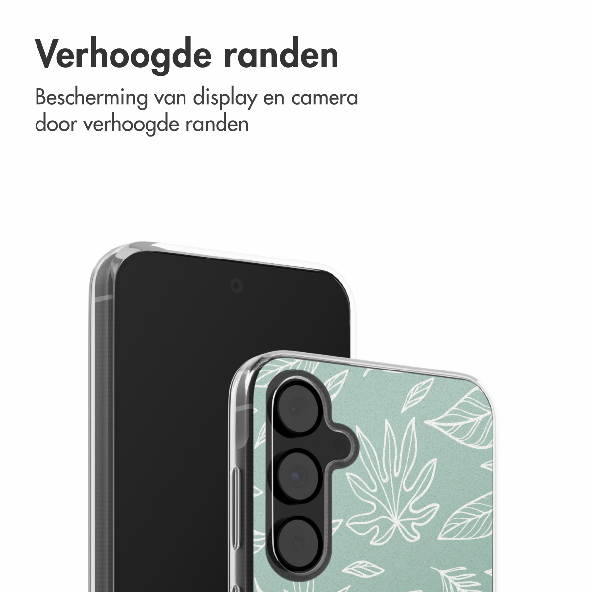 Telefoonhoesje met groen bladerpatroon beschermt een telefoon. De randen van de hoes zijn verhoogd.