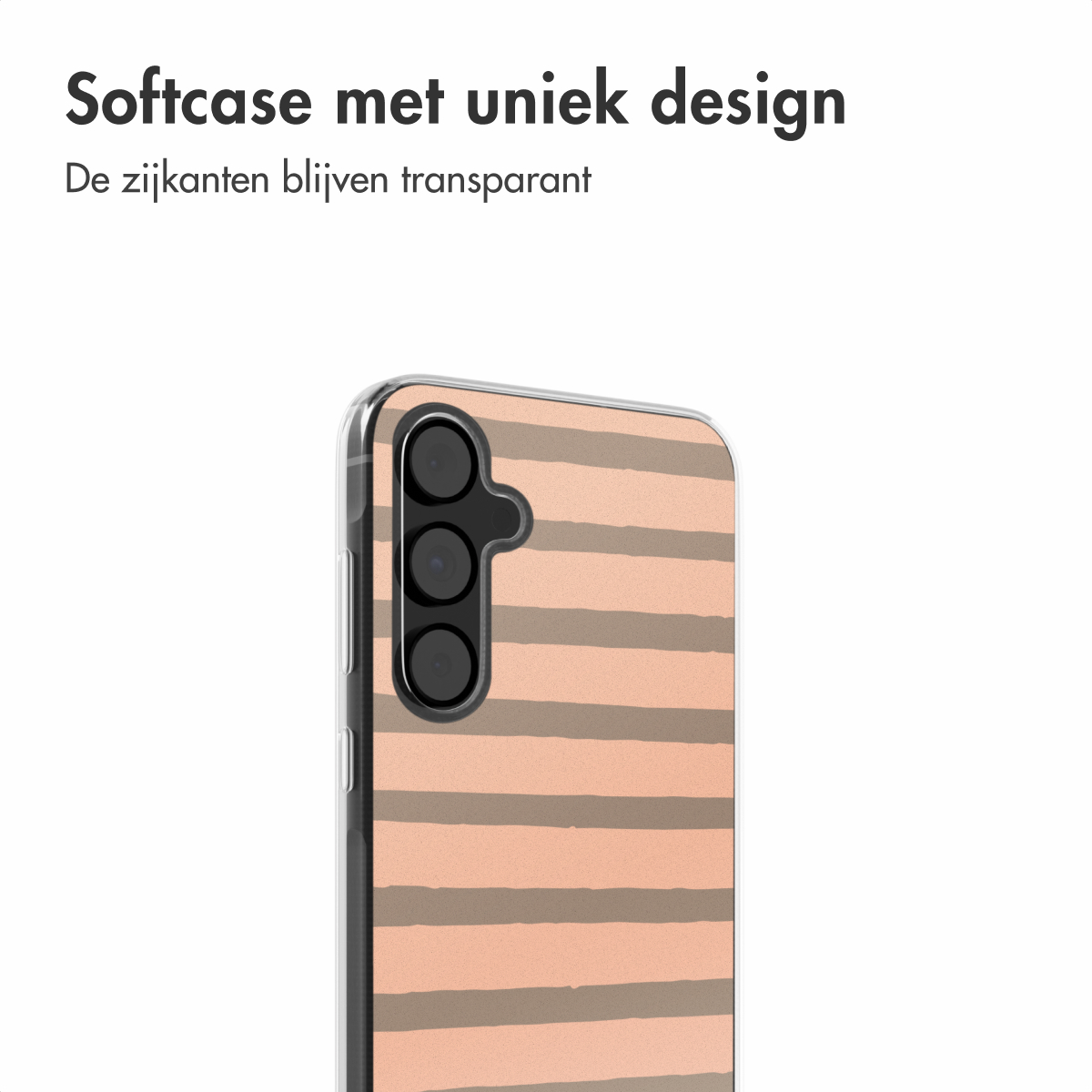 Transparante telefoonhoes met bruin streepontwerp, beschermt een telefoon. Witte achtergrond met tekst.