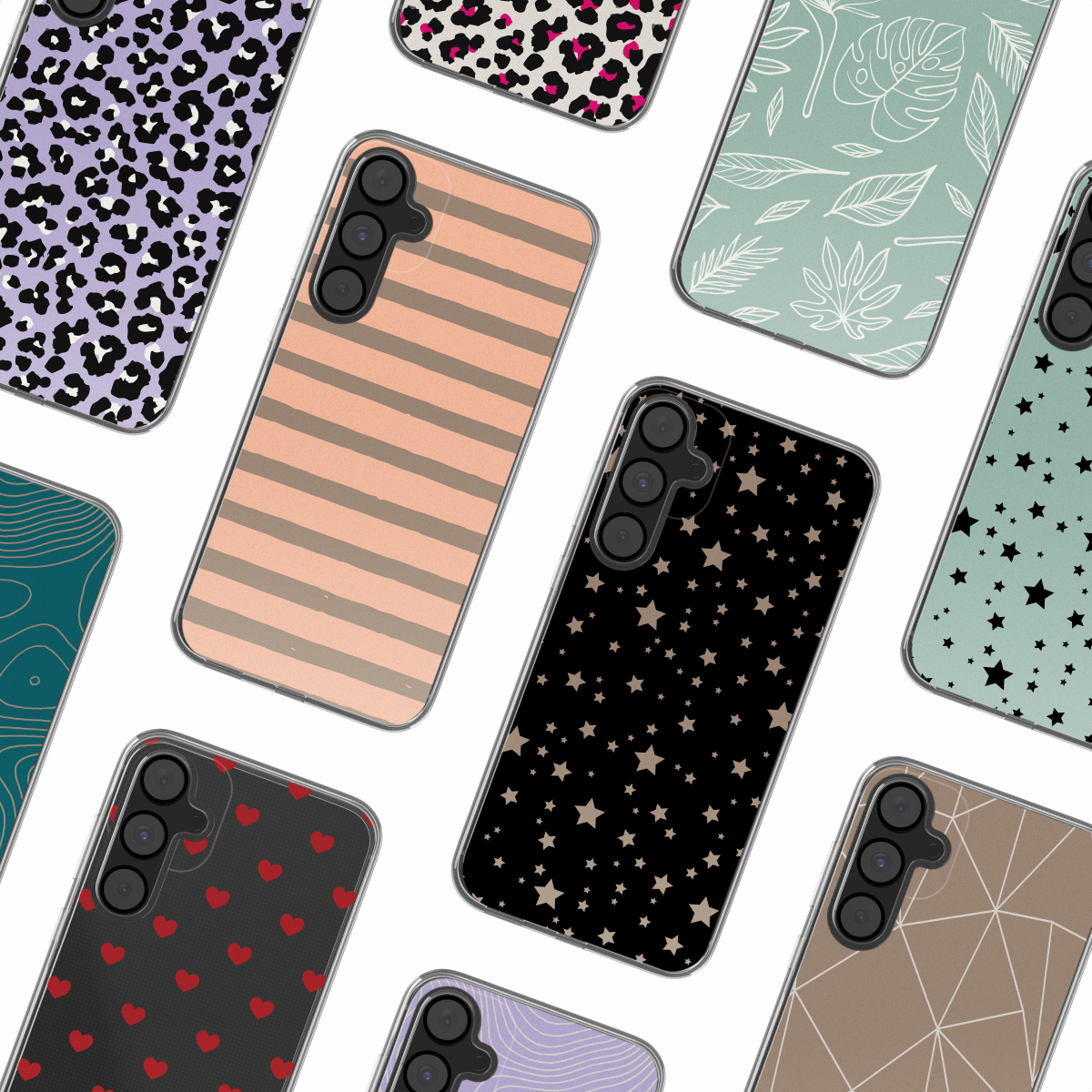 Verschillende telefoonhoesjes met unieke patronen. Patronen zijn onder meer luipaard, strepen, sterren, harten en geometrische vormen.