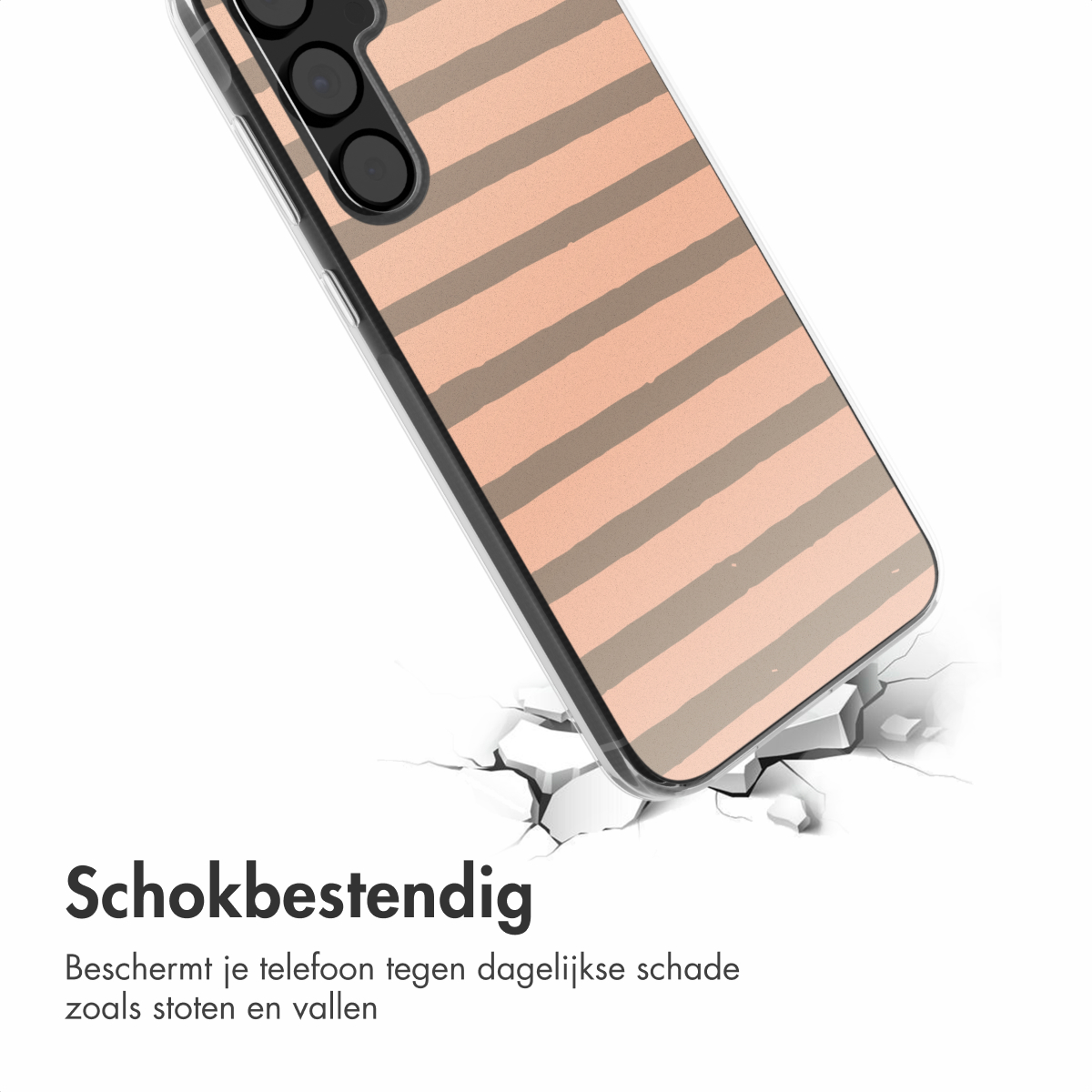 Telefoonhoesje met een perzik en grijs streepjesontwerp, dat een oppervlak breekt.