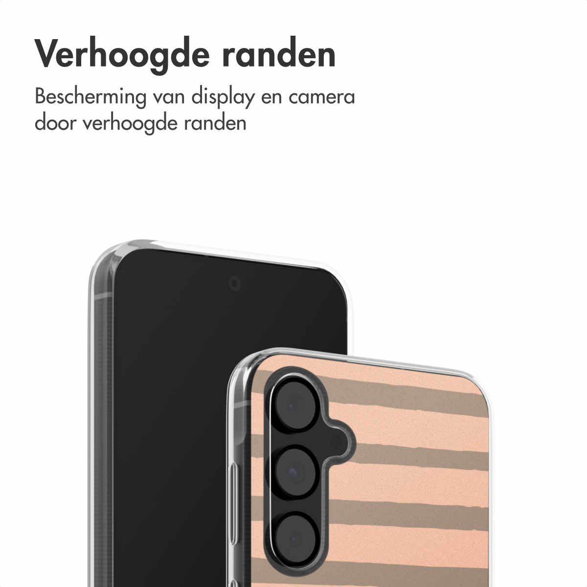 Close-up van een telefoon in een doorzichtige hoes met een streepjesontwerp, beschermt het scherm en de camera.