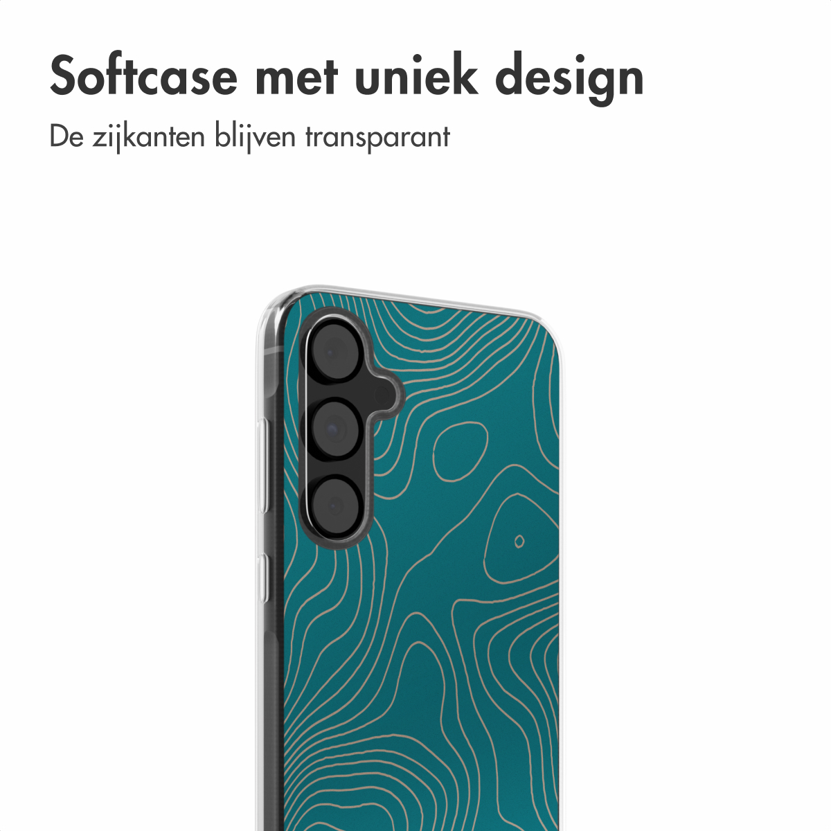 Een telefoonhoesje met een blauwgroen, topografisch patroon. De tekst luidt 'Softcase met uniek design' en 'De zijkanten blijven transparant'.