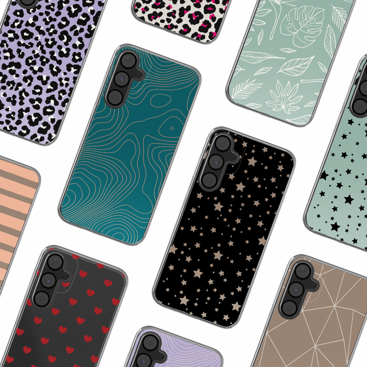 Collectie telefoonhoesjes met diverse ontwerpen: luipaardprint, sterren, harten en geometrische patronen, allemaal op een witte achtergrond.