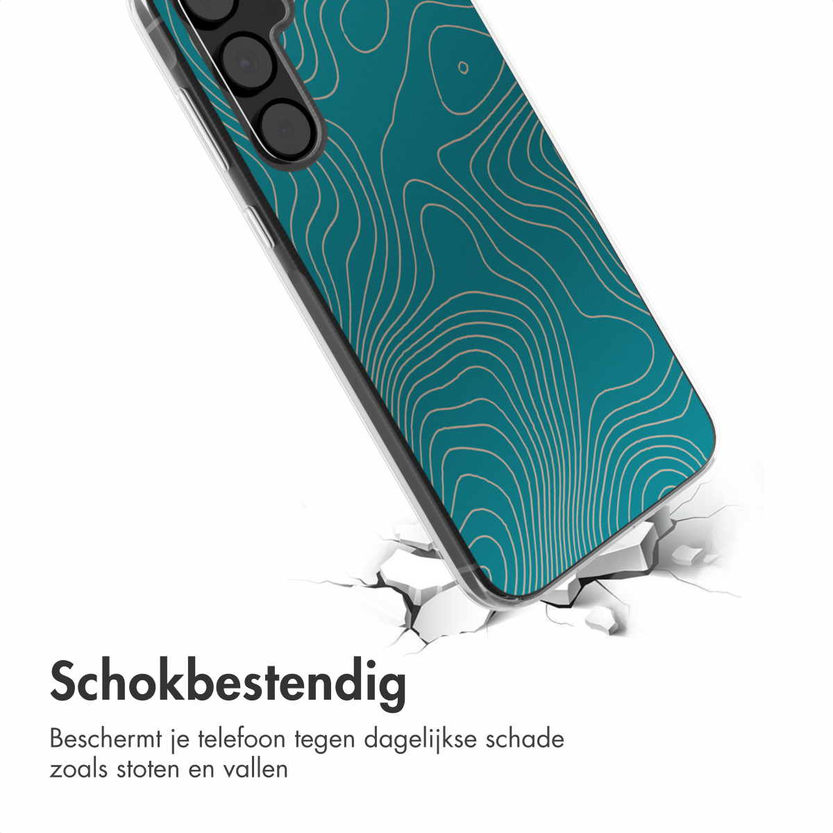 Telefoonhoesje met topografisch ontwerp, gebarsten grond. Beschermt tegen schade. Tekst hieronder: 'Schokbestendig'.
