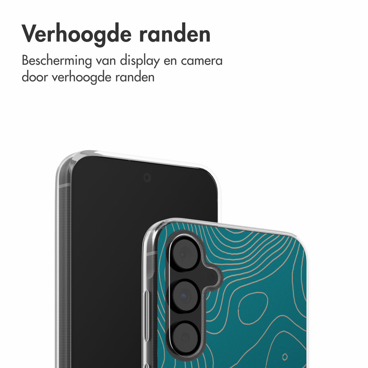 Twee telefoons: één zwart, één in een tealkleurig hoesje. Tekst hierboven: Verhoogde randen (Verhoogde randen).