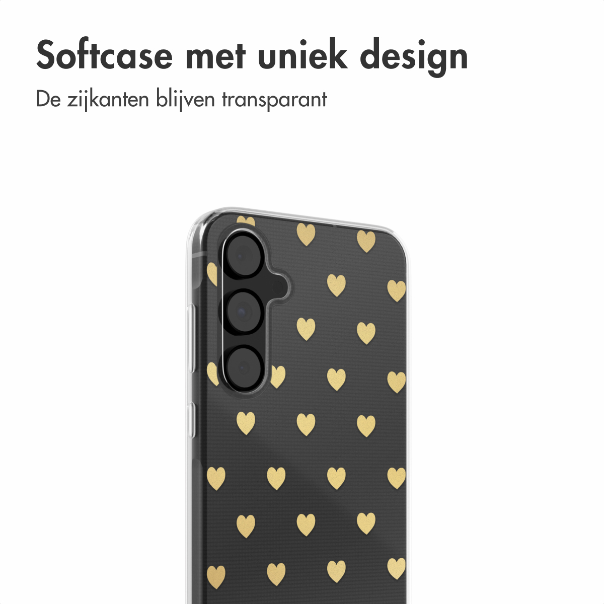 Telefoonhoesje met zwarte achtergrond en gouden hartpatroon. Tekst erboven: Softcase met uniek design (Softcase met uniek design).