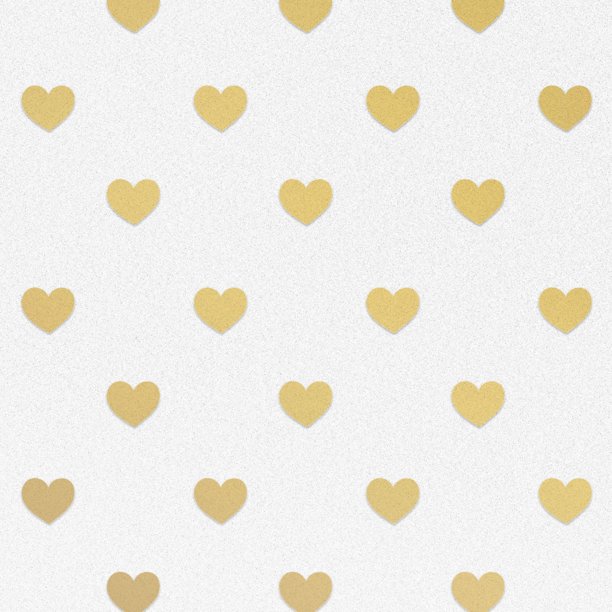Ein Muster aus goldenen Herzen auf weißem Hintergrund. Die Herzen sind gleichmäßig angeordnet.