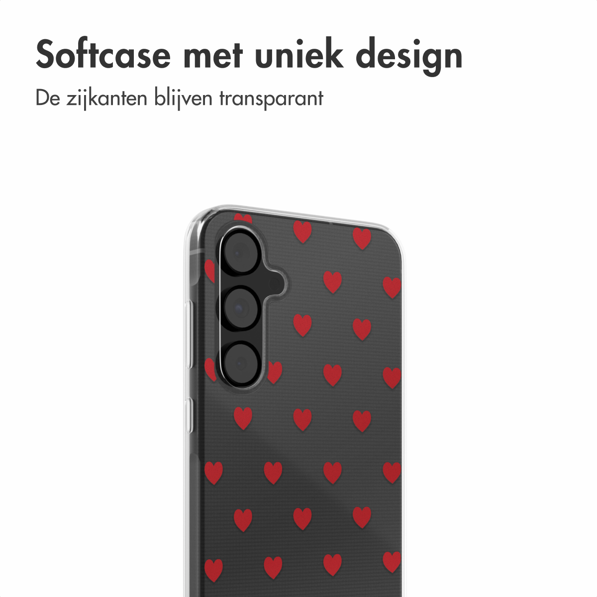 Een telefoonhoesje met een zwarte achtergrond en rode harten. Tekst: 'Softcase met uniek design' en 'De zijkanten blijven transparant'.