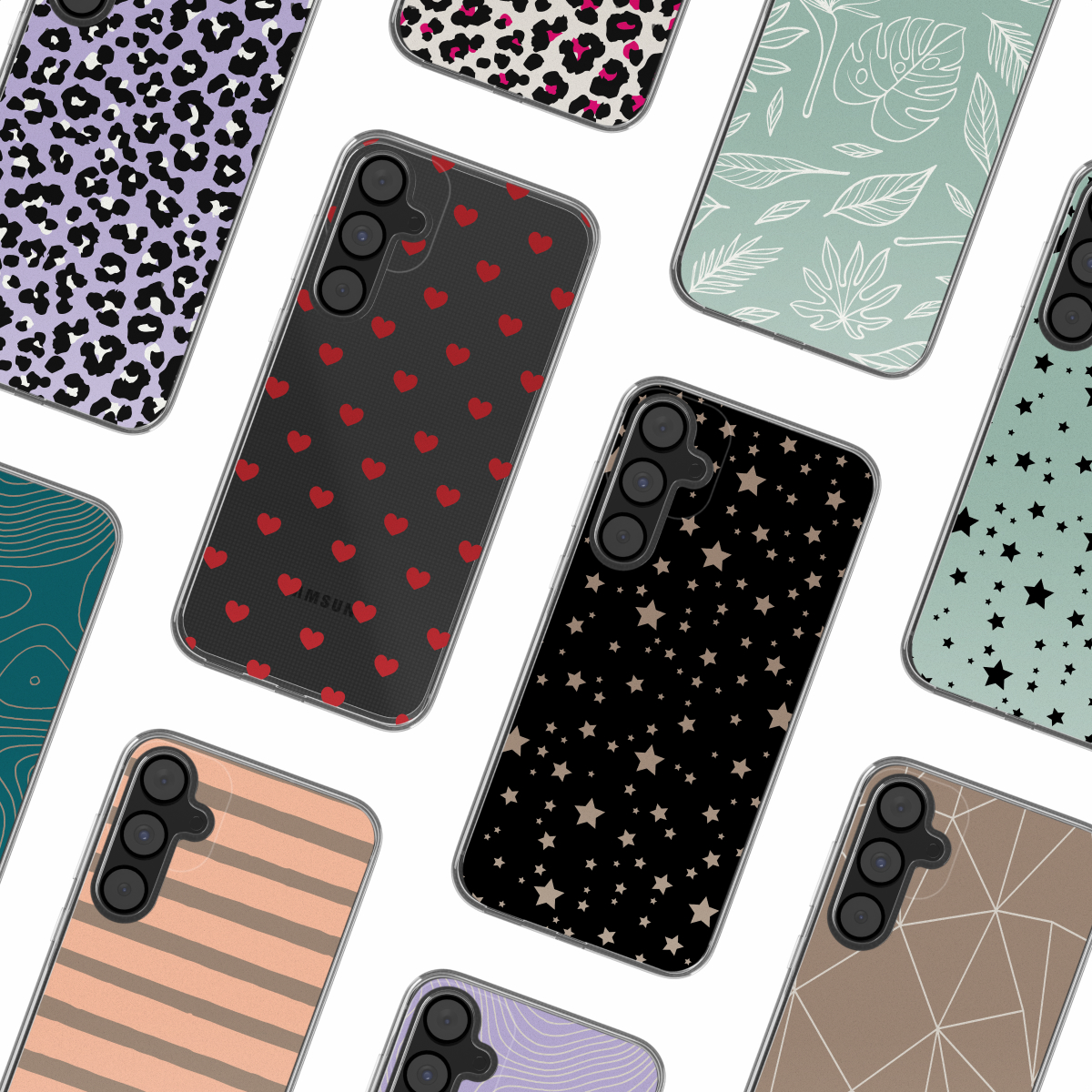 Een verzameling telefoonhoesjes met verschillende patronen: luipaard, harten, sterren, bladeren en strepen.