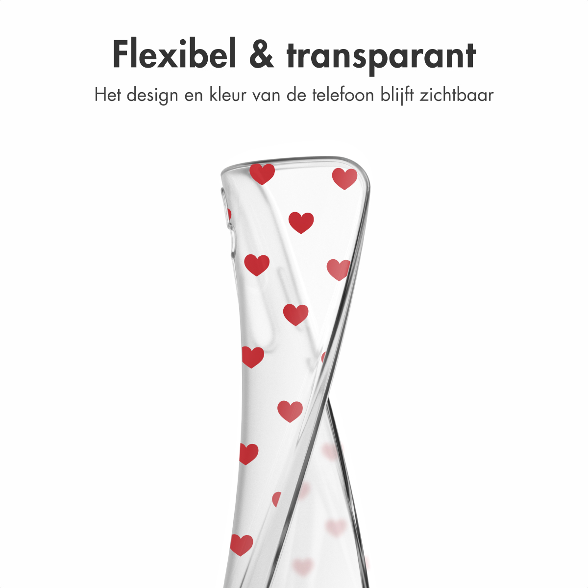 Transparante telefoonhoes met rode harten. Tekst: 'Flexibel & transparant', ontwerp van de telefoon blijft zichtbaar.