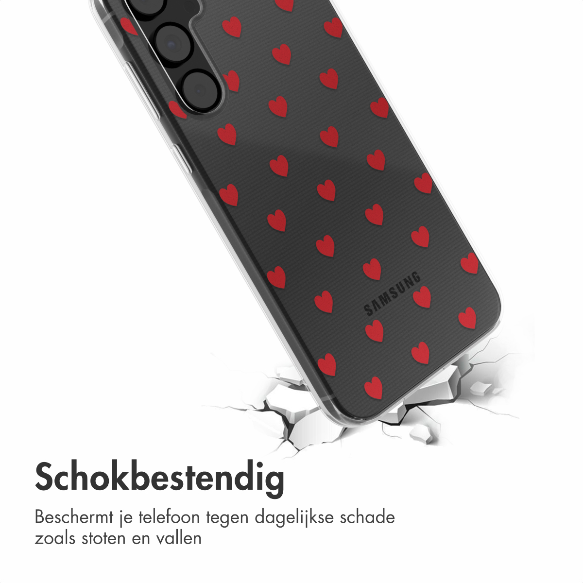 Telefoonhoesje met rood hartpatroon, dat een oppervlak breekt, en de tekst 'Schokbestendig'.