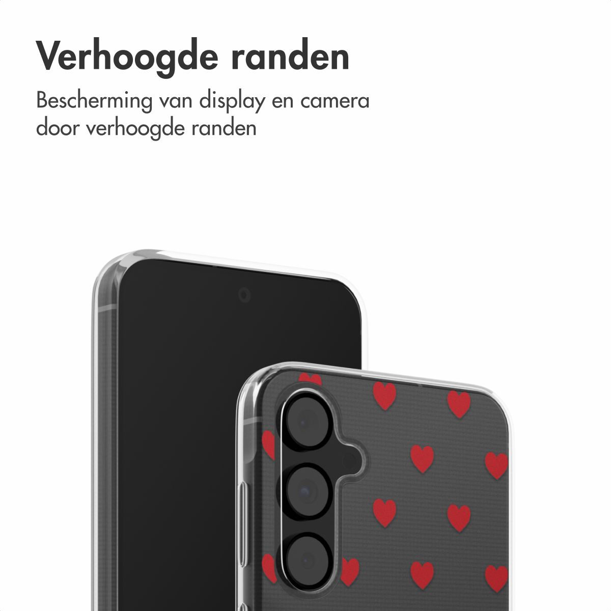 Telefoon in een transparante hoes met rode hartjes, beschermt scherm en camera. Witte achtergrond.