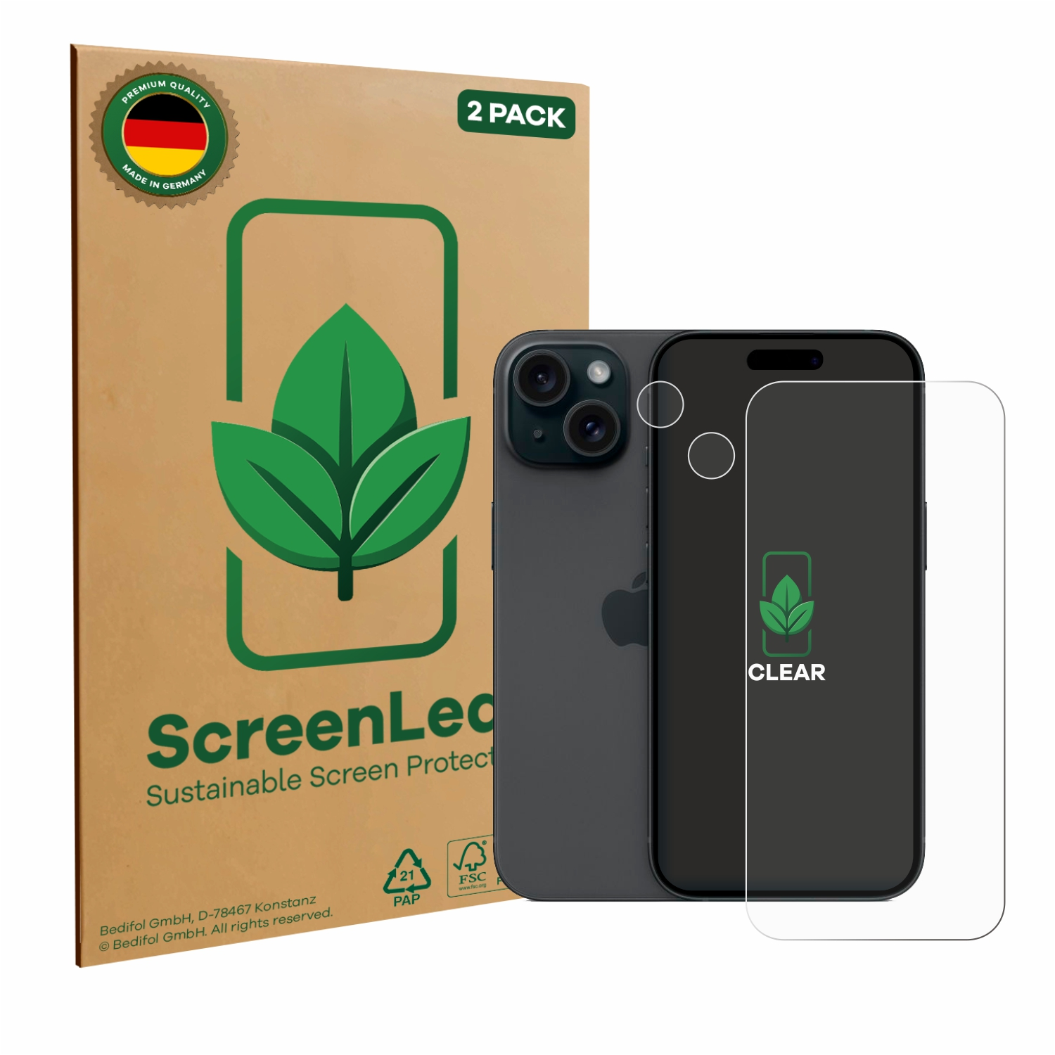 Ein Smartphone mit Displayschutz und einer Schachtel mit grünem Blattsymbol.