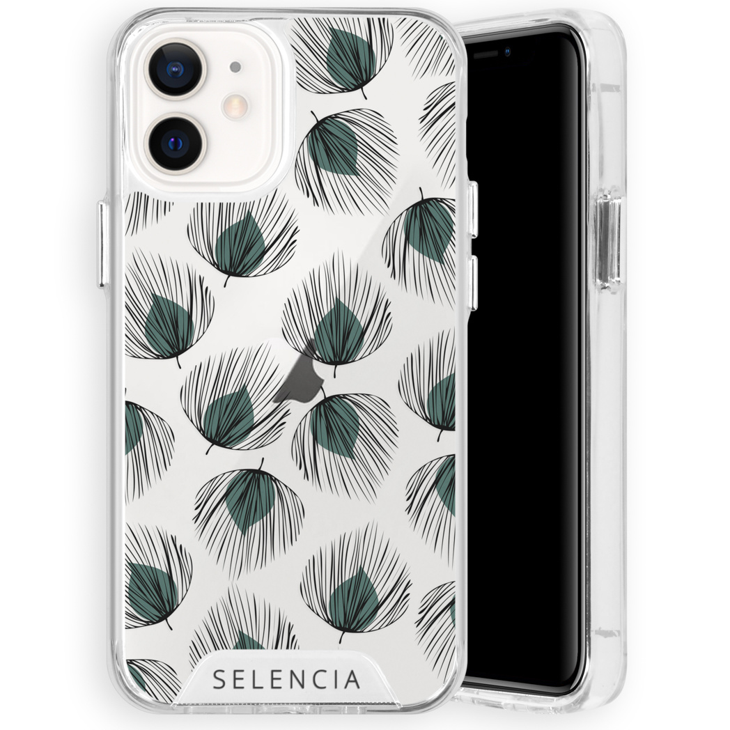 Une coque de téléphone blanche avec un motif de feuilles vertes sur un téléphone. Le téléphone est blanc et a un écran noir.