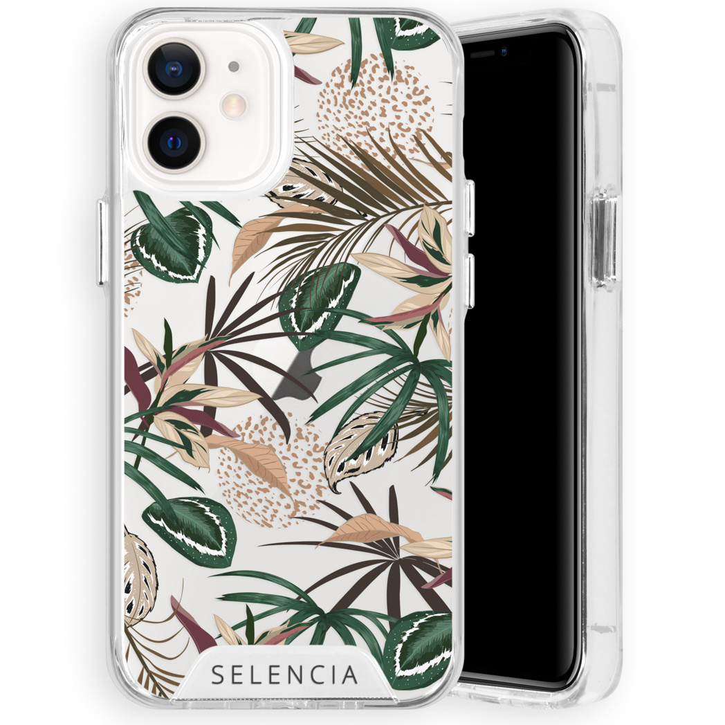 Téléphone dans une coque à motifs floraux. Fond blanc. Coque transparente, téléphone noir.