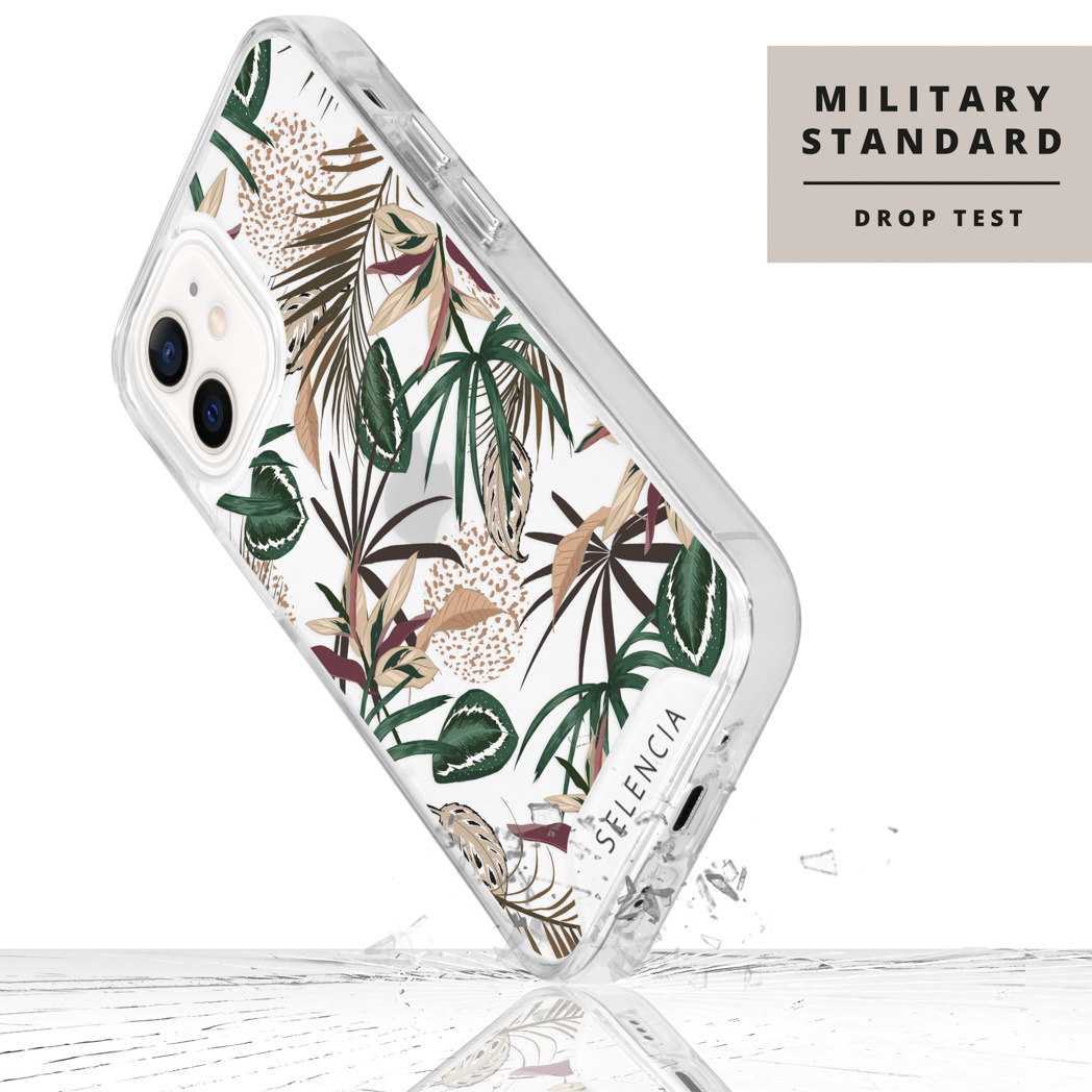 Coque de téléphone avec motif floral tombant, texte 'MILITARY STANDARD DROP TEST' en fond.