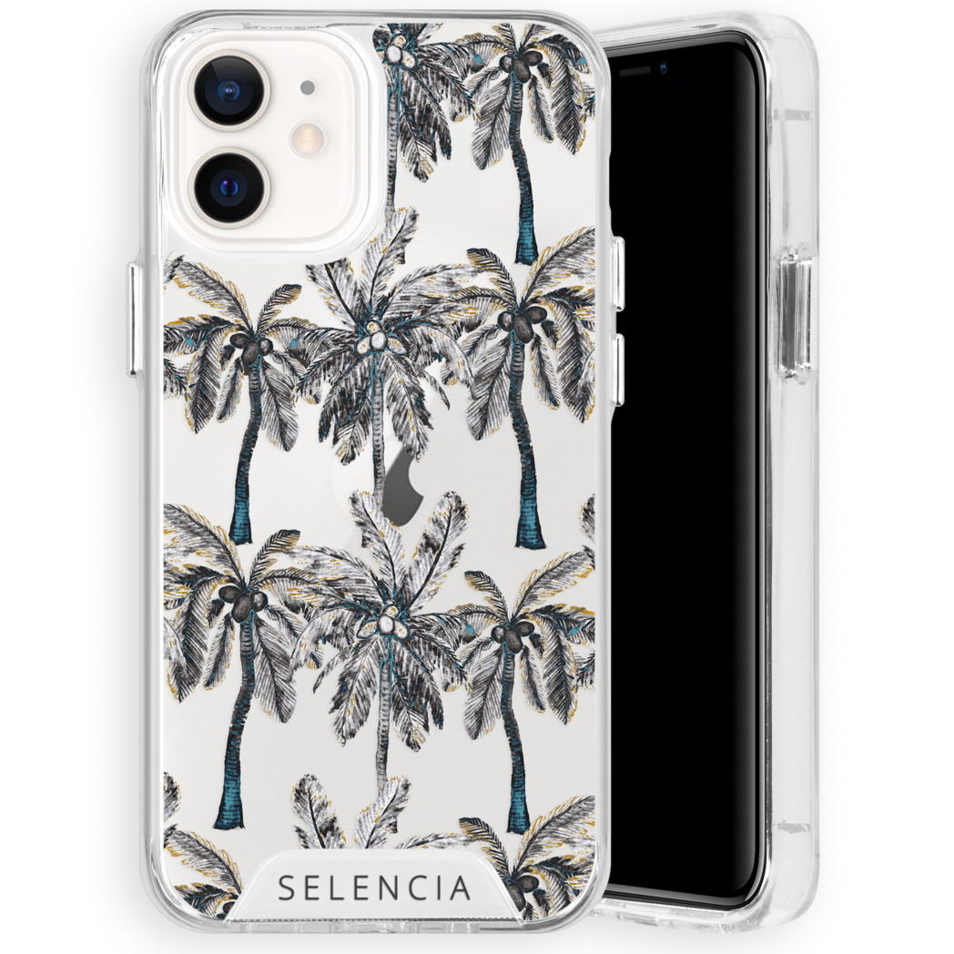 Coque de téléphone transparente avec motif de palmiers sur fond blanc, sur un téléphone noir.